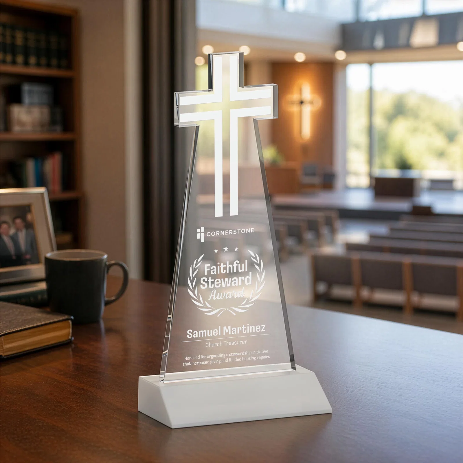 Branded Starfire Crystal Cut-Out Cross Award on Front-Mitered Base for volunteer appreciation