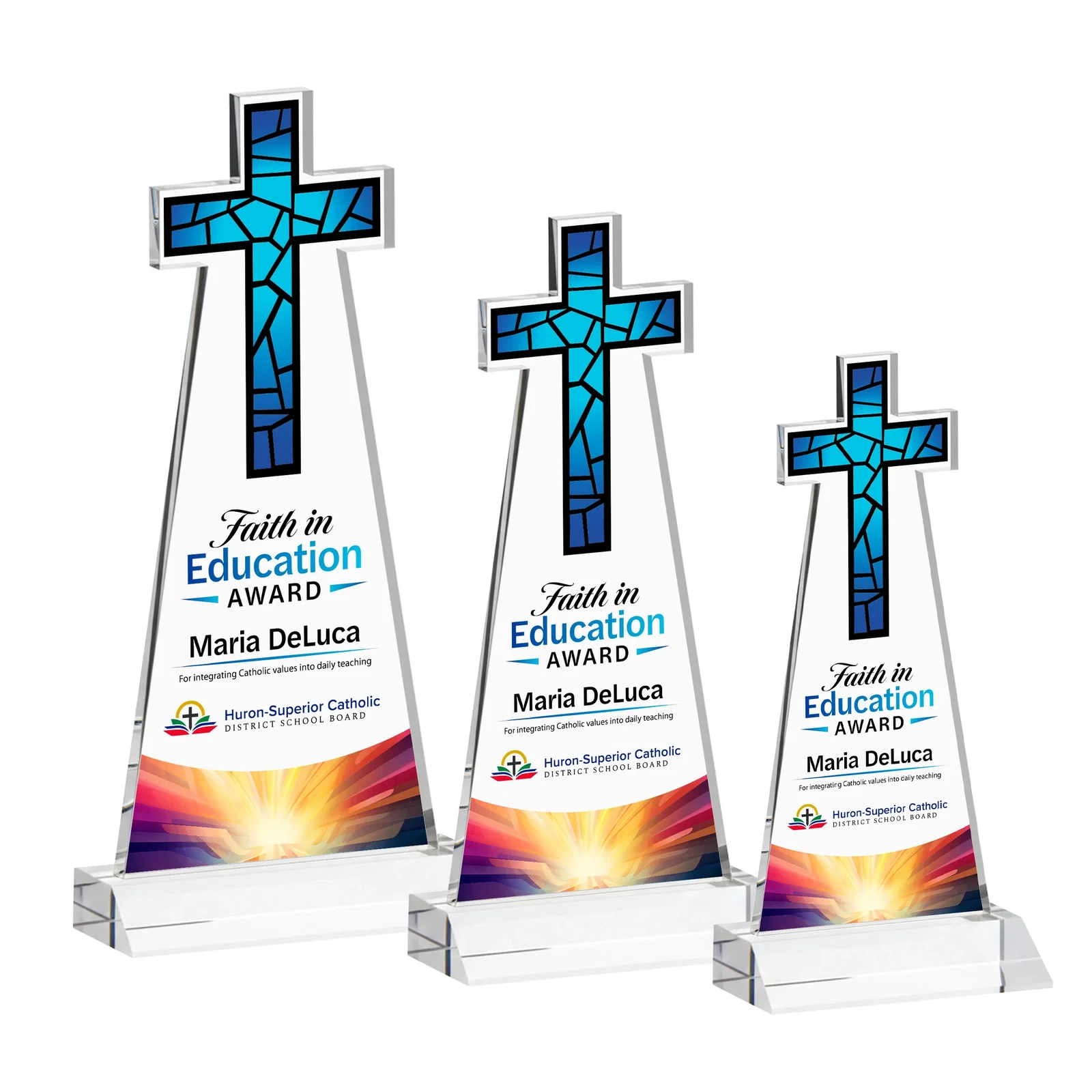 Branded Starfire Crystal Cut-Out Cross Award on Front-Mitered Base for dealer and partner awards
