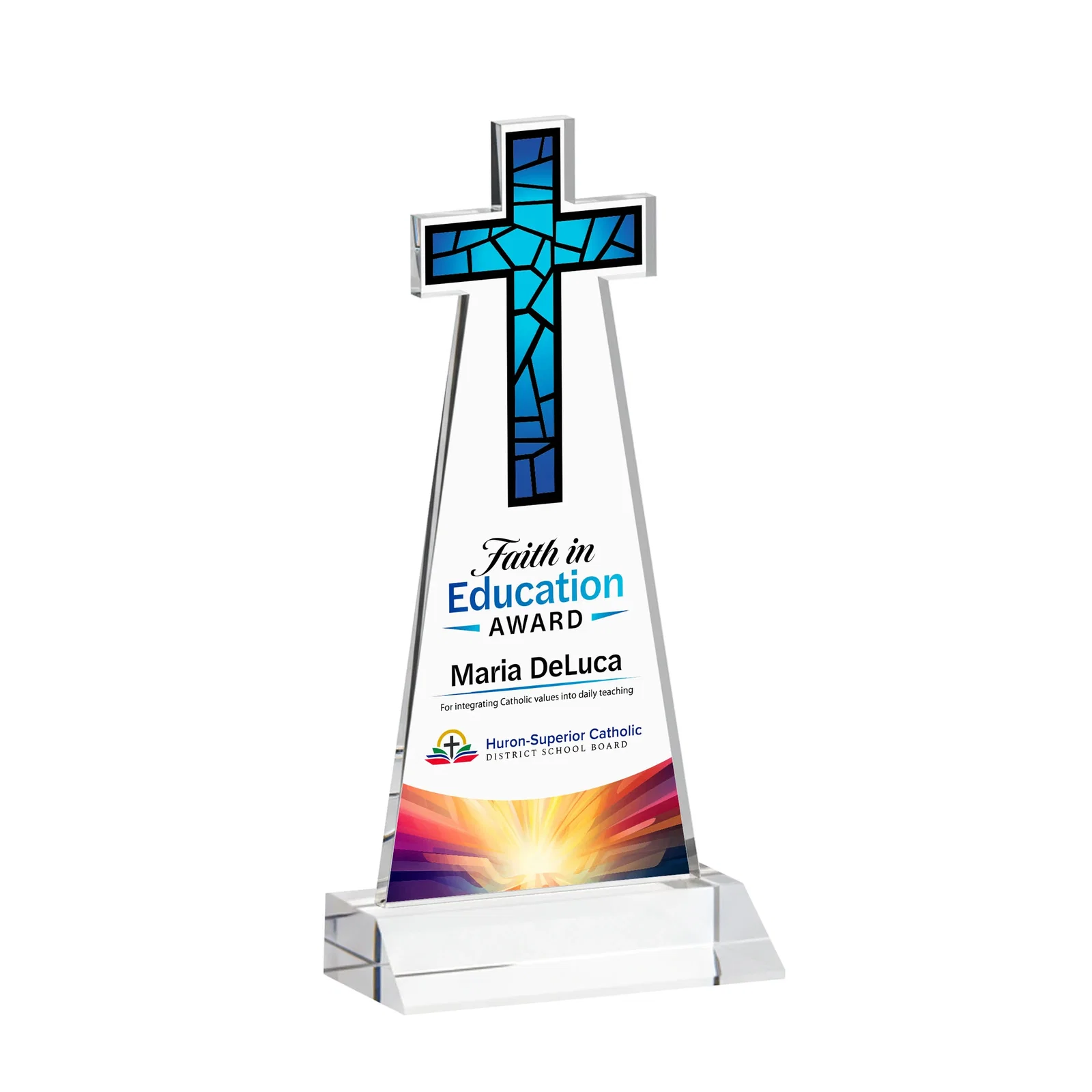 Branded Starfire Crystal Cut-Out Cross Award on Front-Mitered Base for company anniversary events