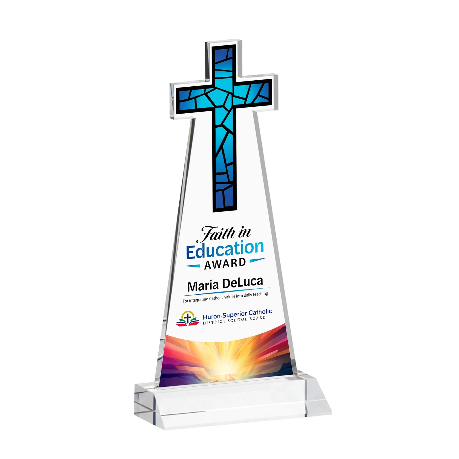 Custom printed Starfire Crystal Cut-Out Cross Award on Front-Mitered Base for employee recognition