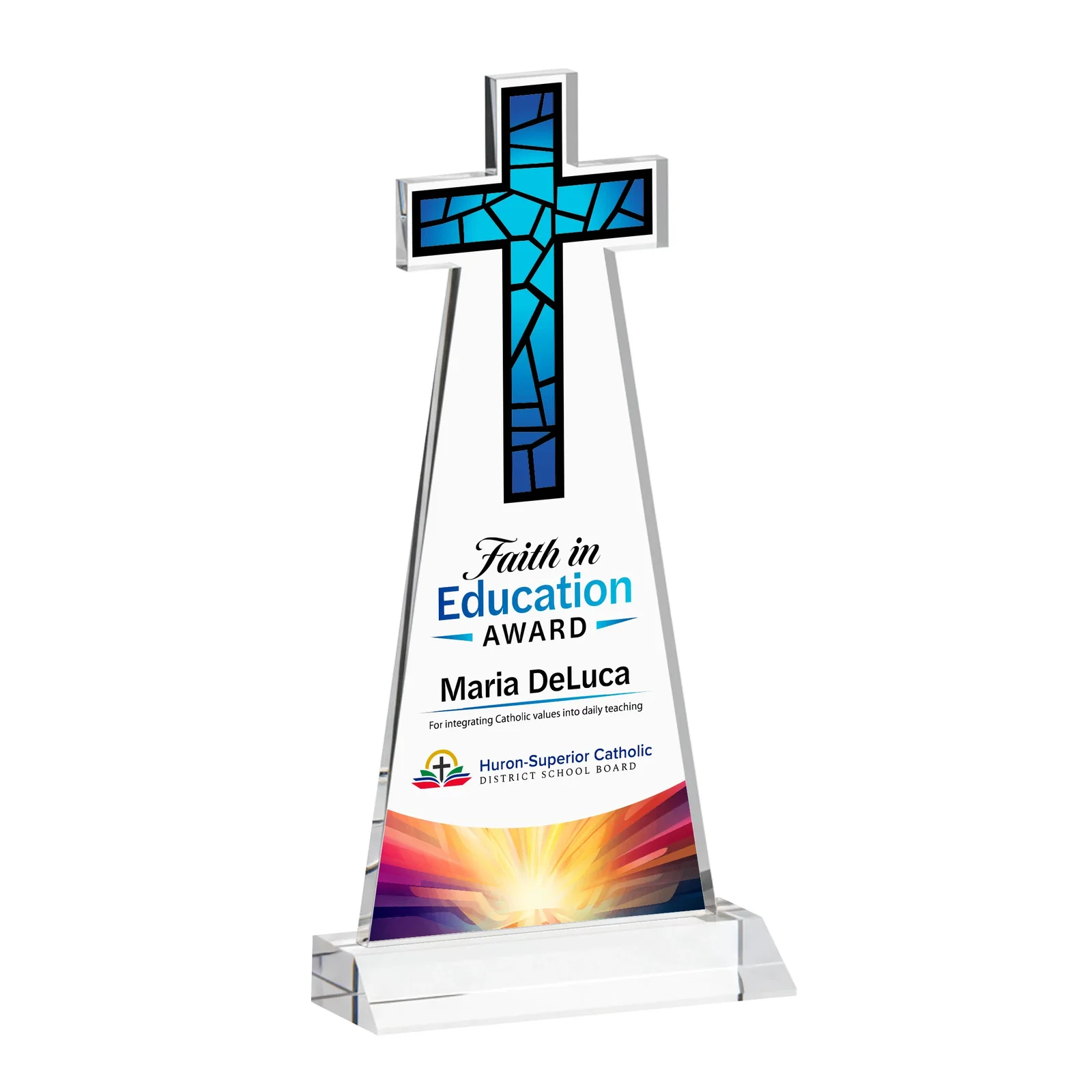 Custom printed Starfire Crystal Cut-Out Cross Award on Front-Mitered Base for corporate award ceremonies