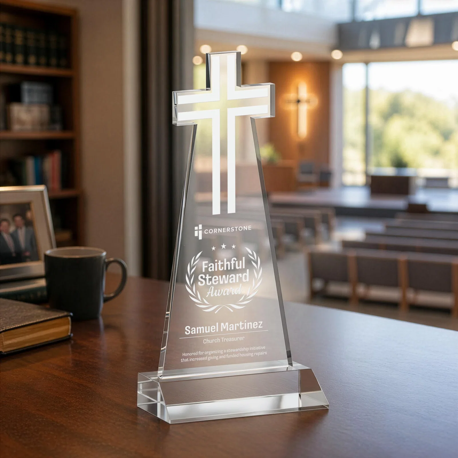 Custom Starfire Crystal Cut-Out Cross Award on Front-Mitered Base for team milestone celebrations