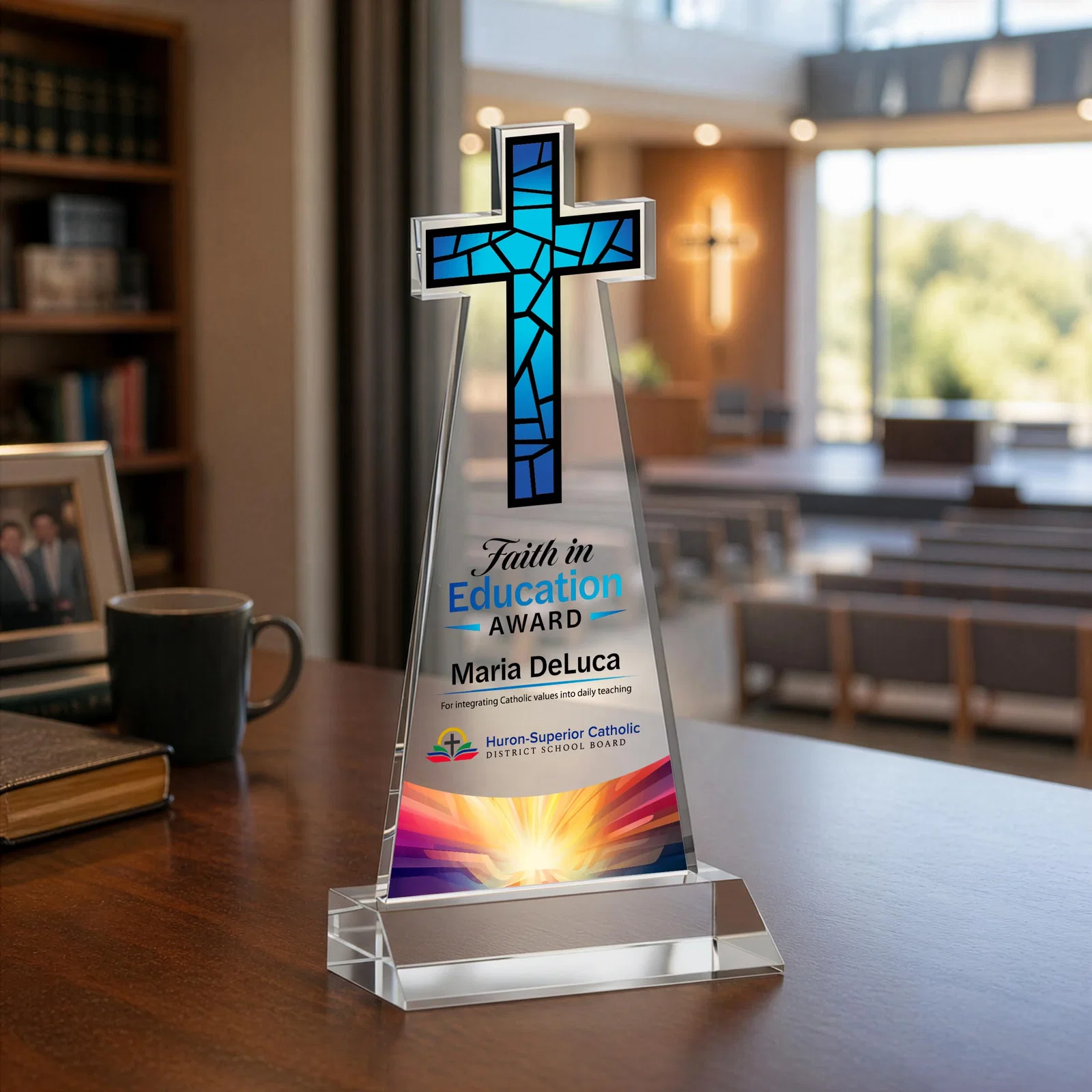 Custom printed Starfire Crystal Cut-Out Cross Award on Front-Mitered Base for service anniversary gifts