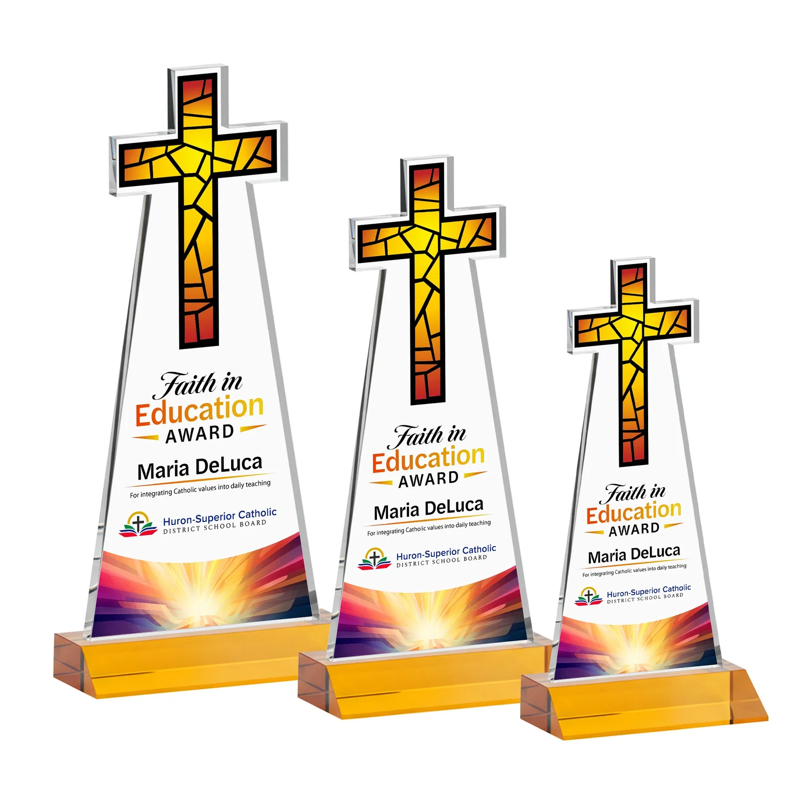 Custom printed Starfire Crystal Cut-Out Cross Award on Front-Mitered Base for sales achievement awards