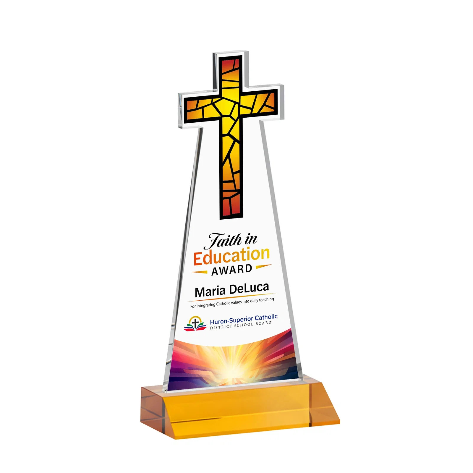 Custom printed Starfire Crystal Cut-Out Cross Award on Front-Mitered Base for retirement presentations