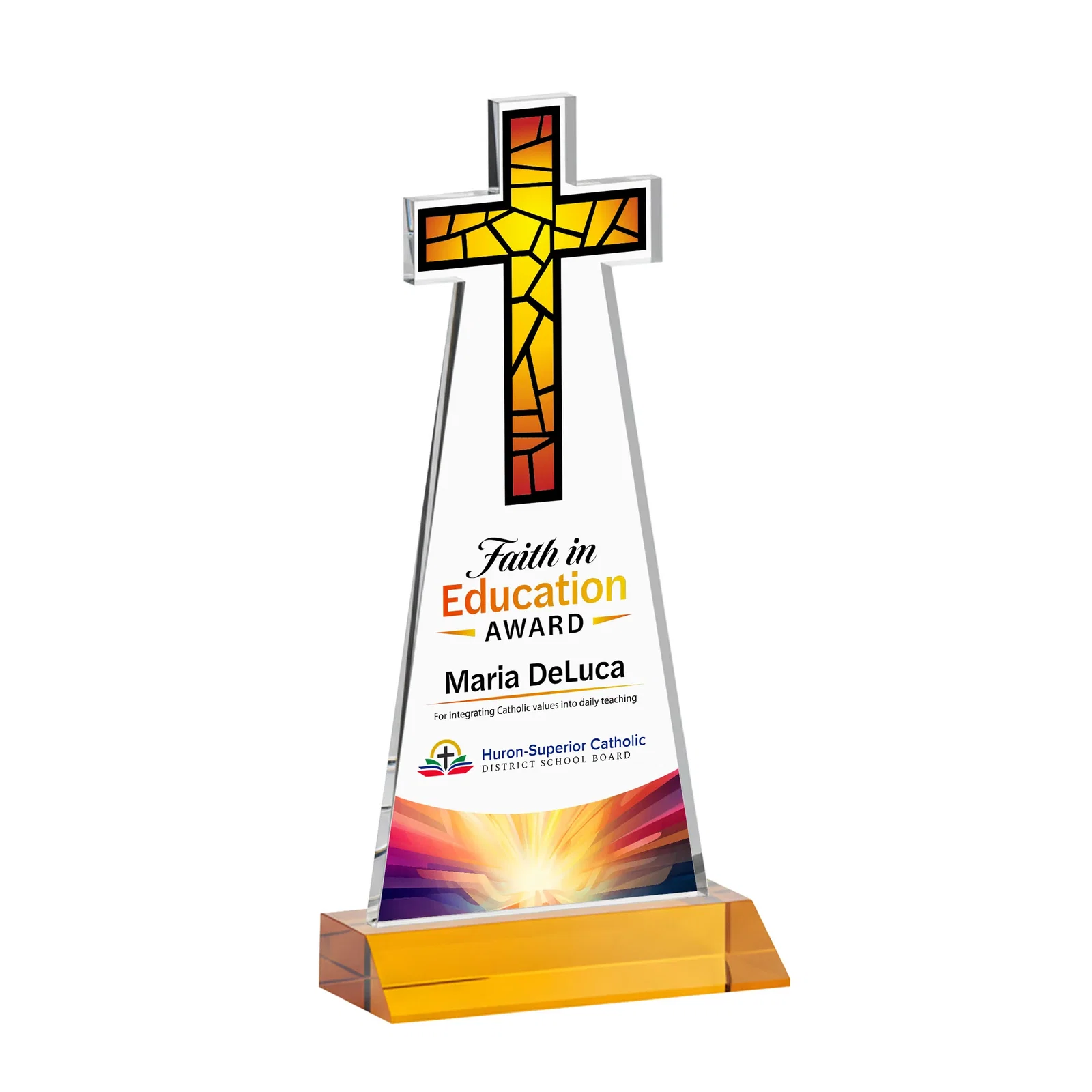 Custom printed Starfire Crystal Cut-Out Cross Award on Front-Mitered Base for team milestone celebrations
