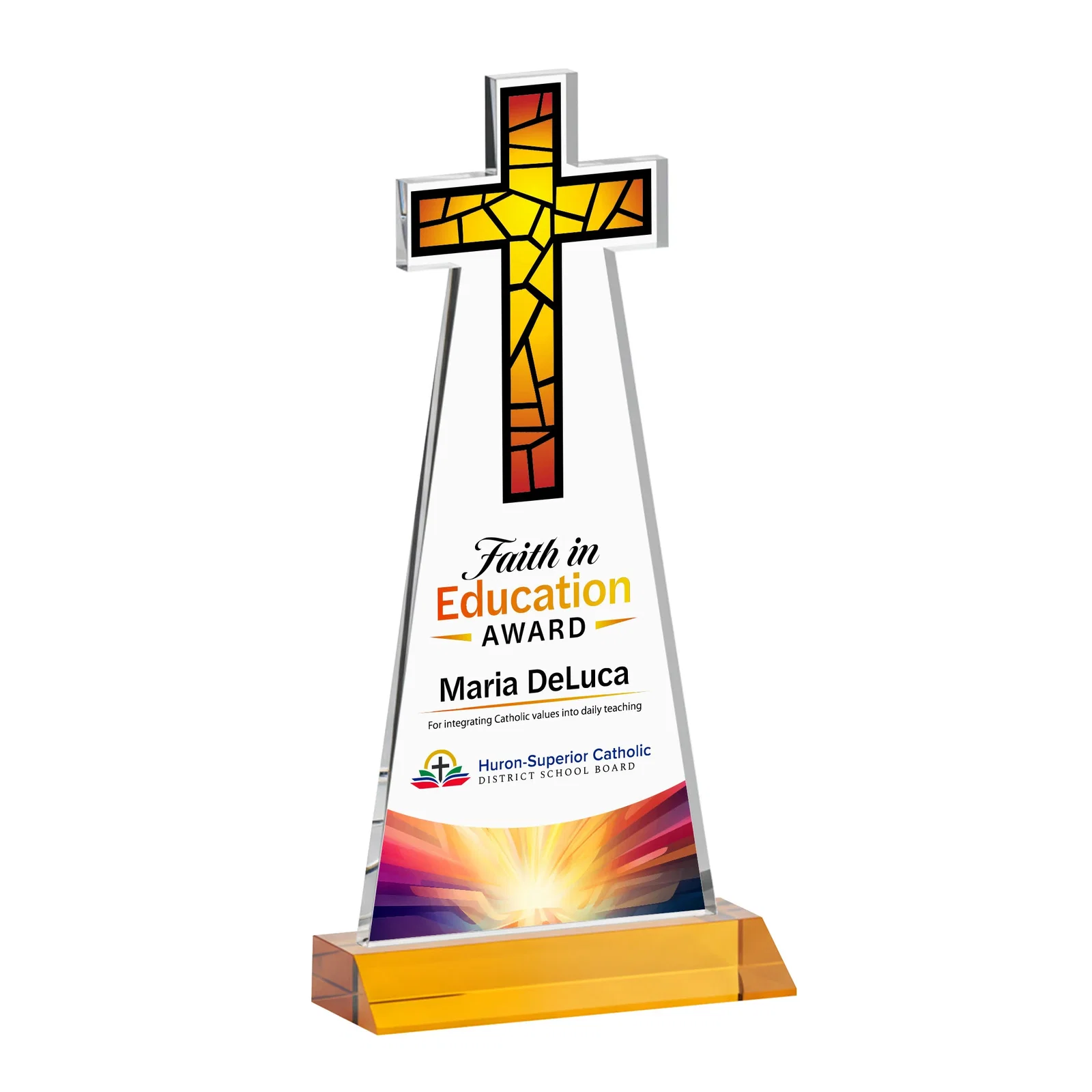 Custom printed Starfire Crystal Cut-Out Cross Award on Front-Mitered Base for donor appreciation