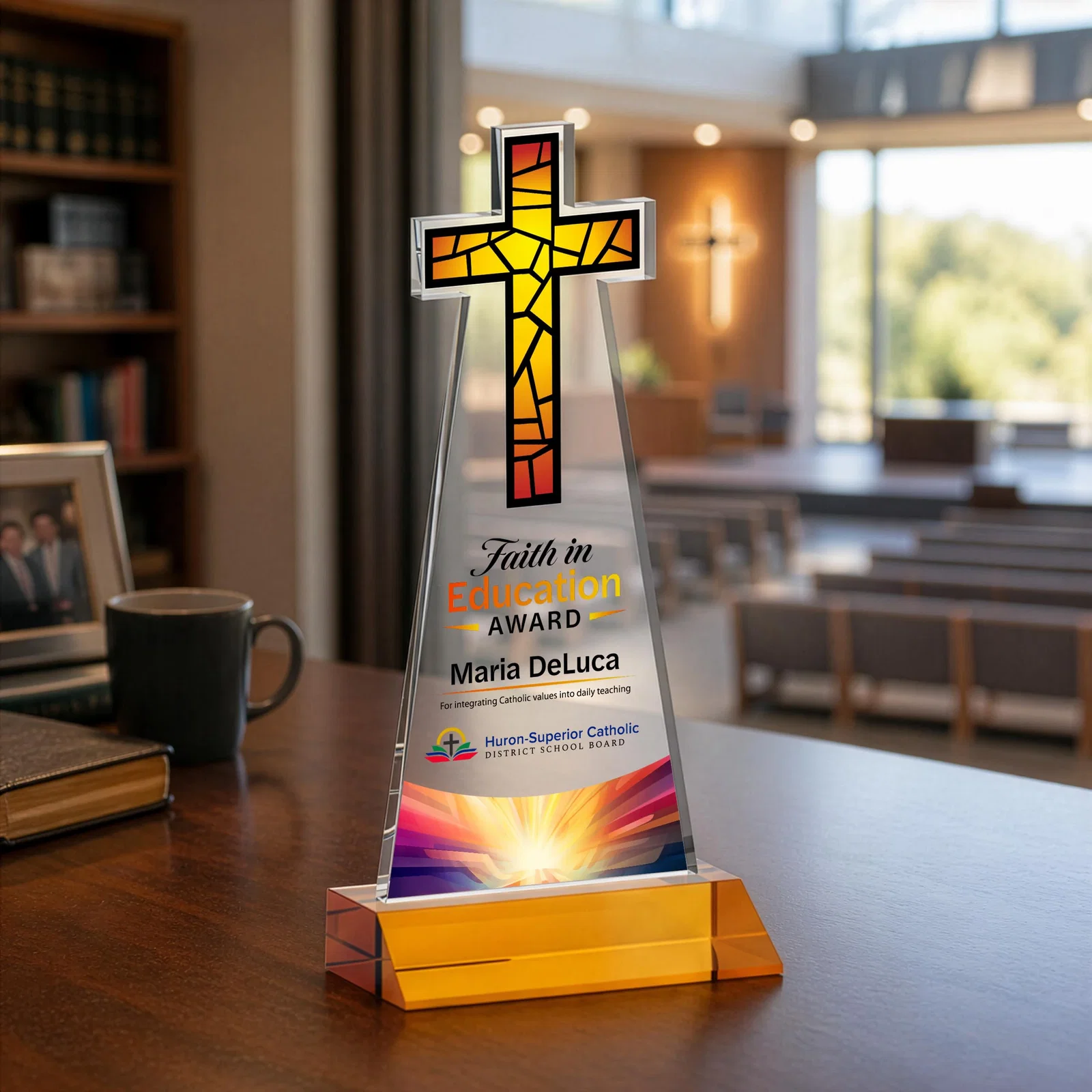 Custom printed Starfire Crystal Cut-Out Cross Award on Front-Mitered Base for graduation ceremonies