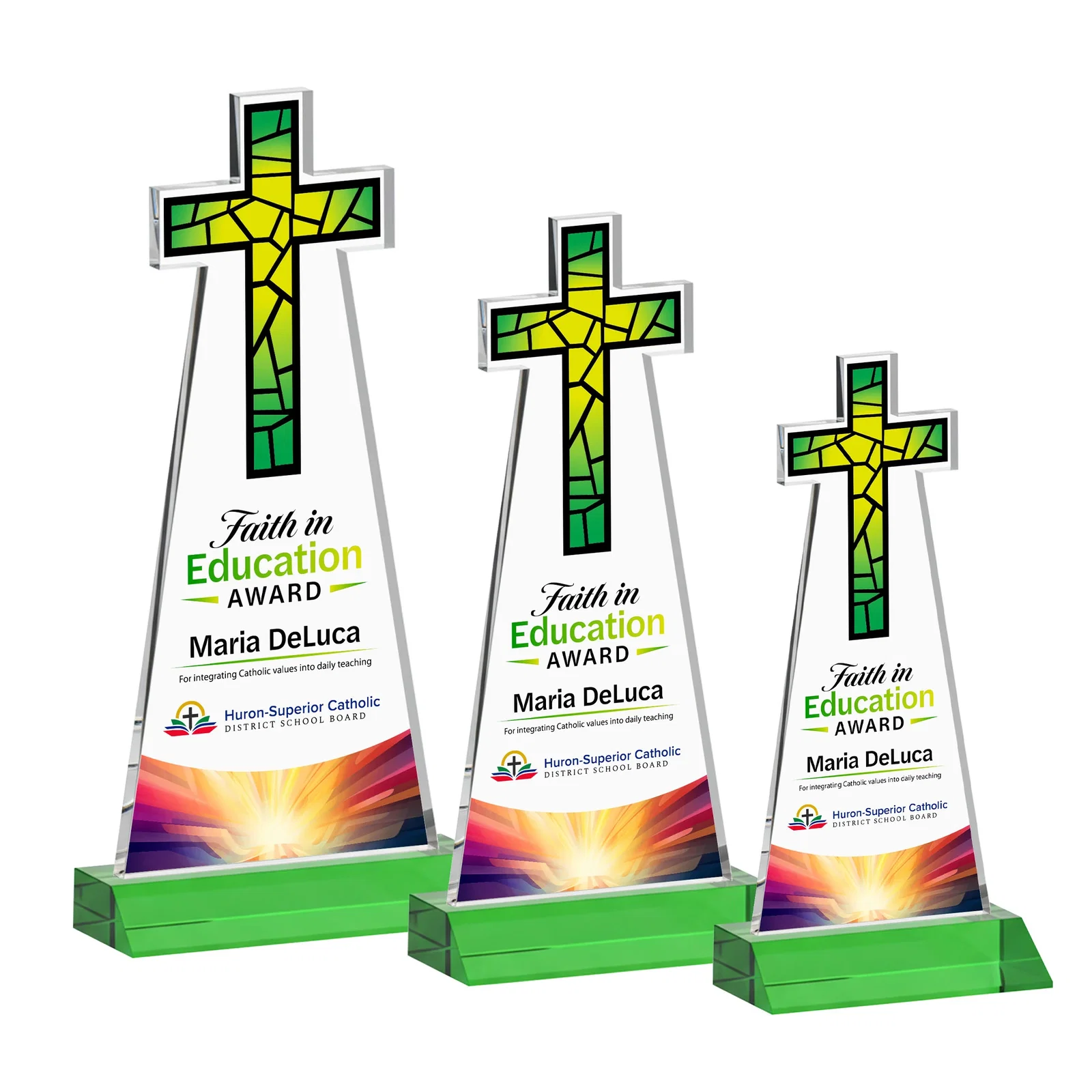 Custom printed Starfire Crystal Cut-Out Cross Award on Front-Mitered Base for safety achievement programs