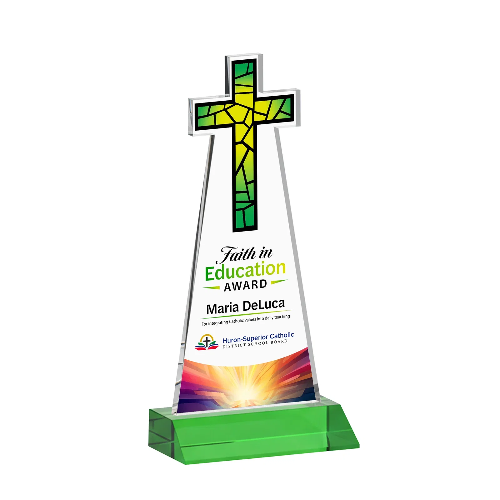 Custom printed Starfire Crystal Cut-Out Cross Award on Front-Mitered Base for volunteer appreciation