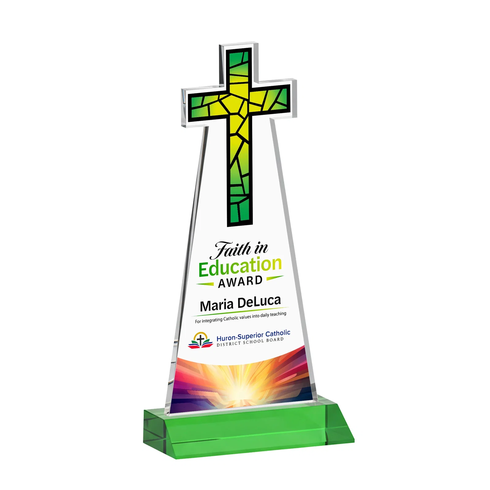 Custom printed Starfire Crystal Cut-Out Cross Award on Front-Mitered Base for dealer and partner awards