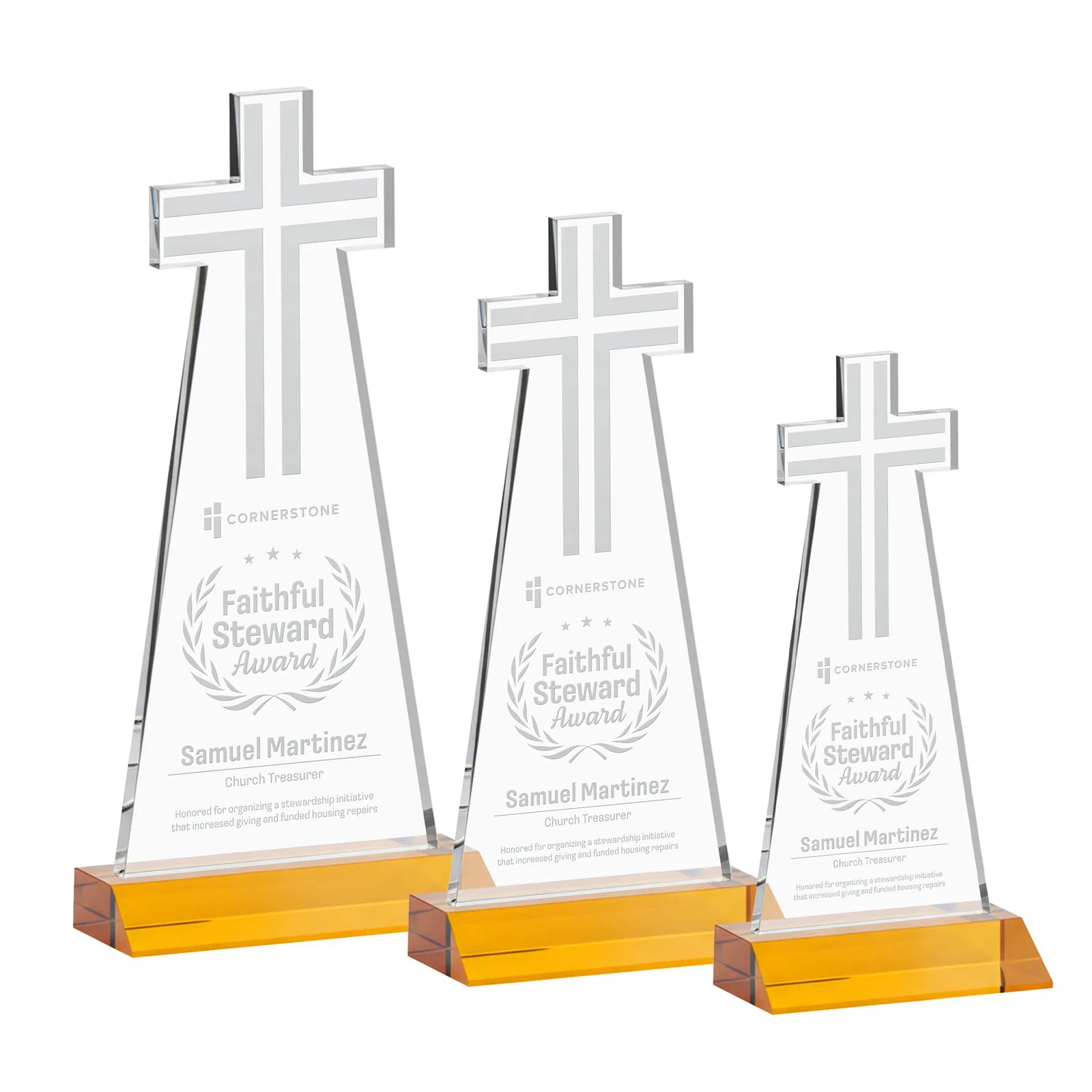 Custom Starfire Crystal Cut-Out Cross Award on Front-Mitered Base for donor appreciation