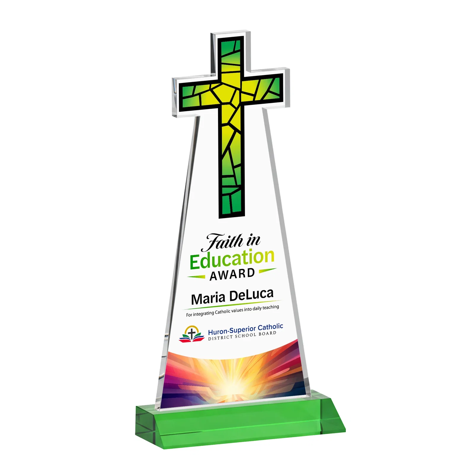 Custom printed Starfire Crystal Cut-Out Cross Award on Front-Mitered Base for company anniversary events