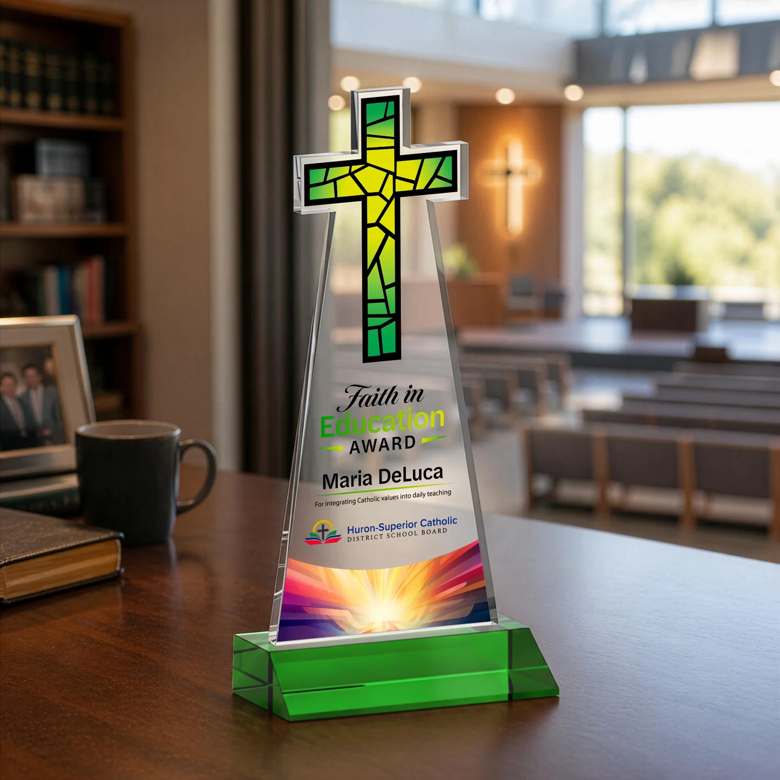 Customized Starfire Crystal Cut-Out Cross Award on Front-Mitered Base for employee recognition