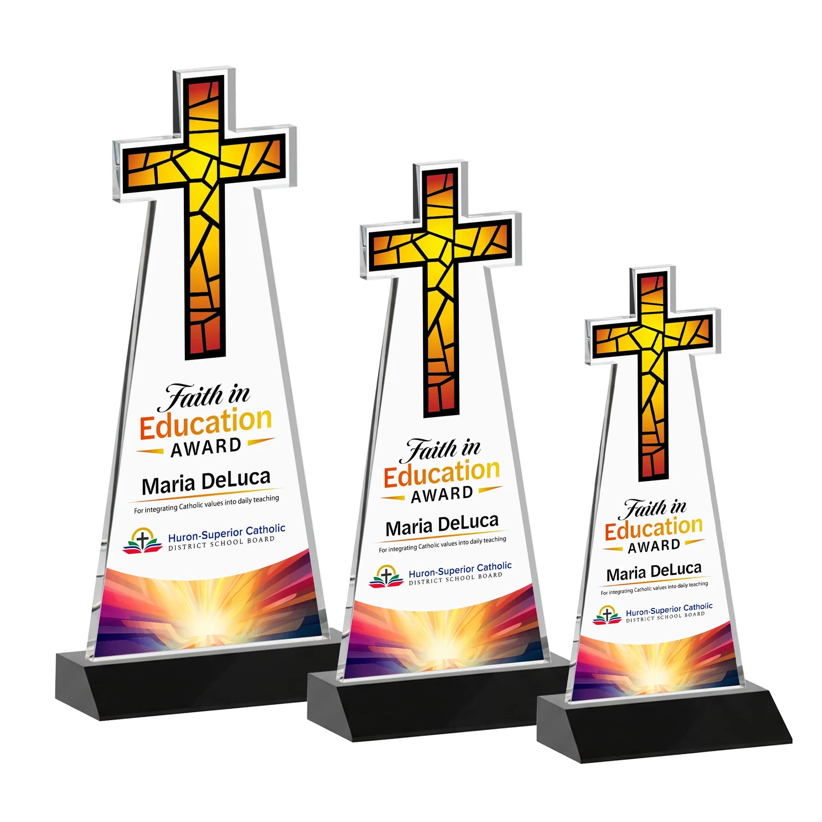 Customized Starfire Crystal Cut-Out Cross Award on Front-Mitered Base for corporate award ceremonies