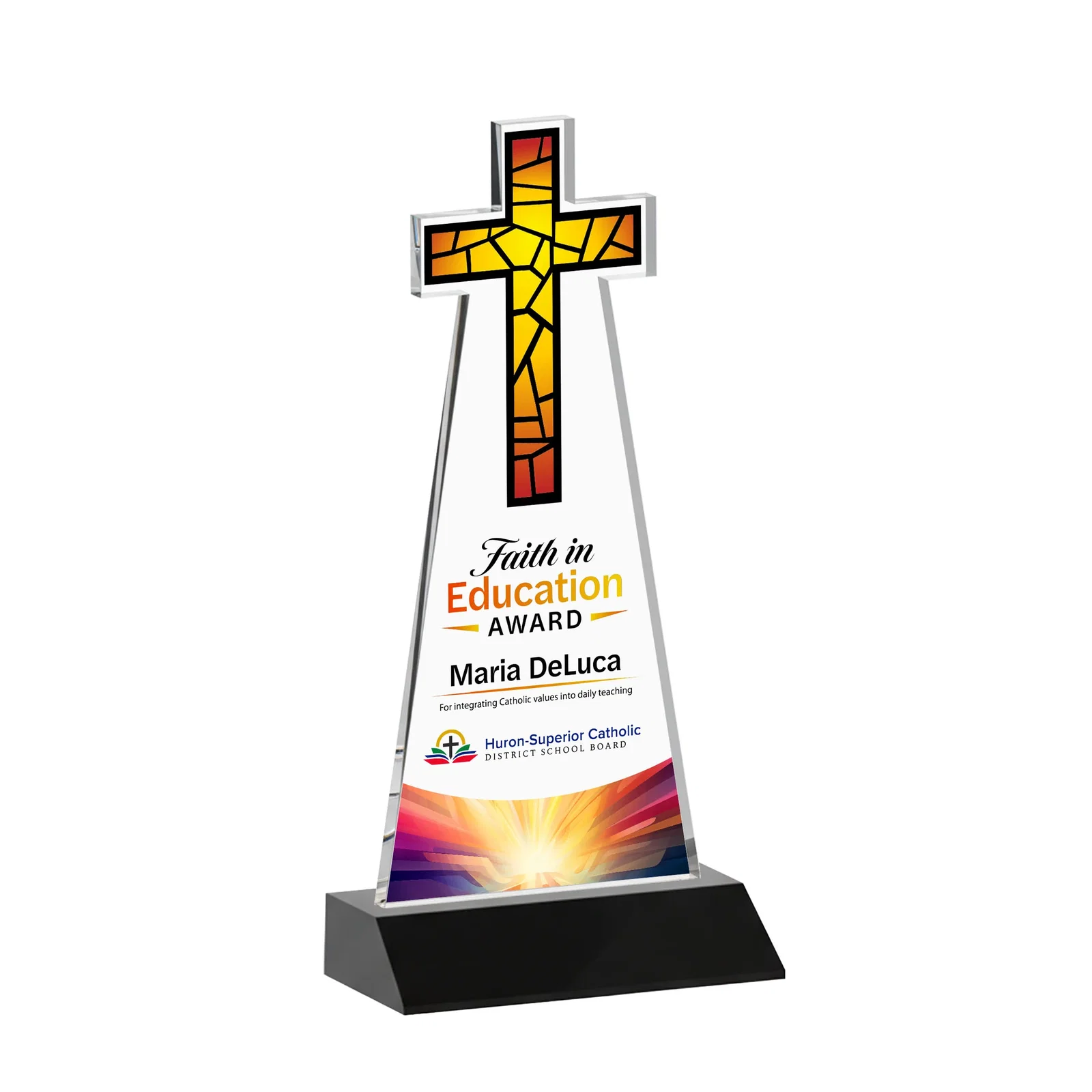 Customized Starfire Crystal Cut-Out Cross Award on Front-Mitered Base for service anniversary gifts