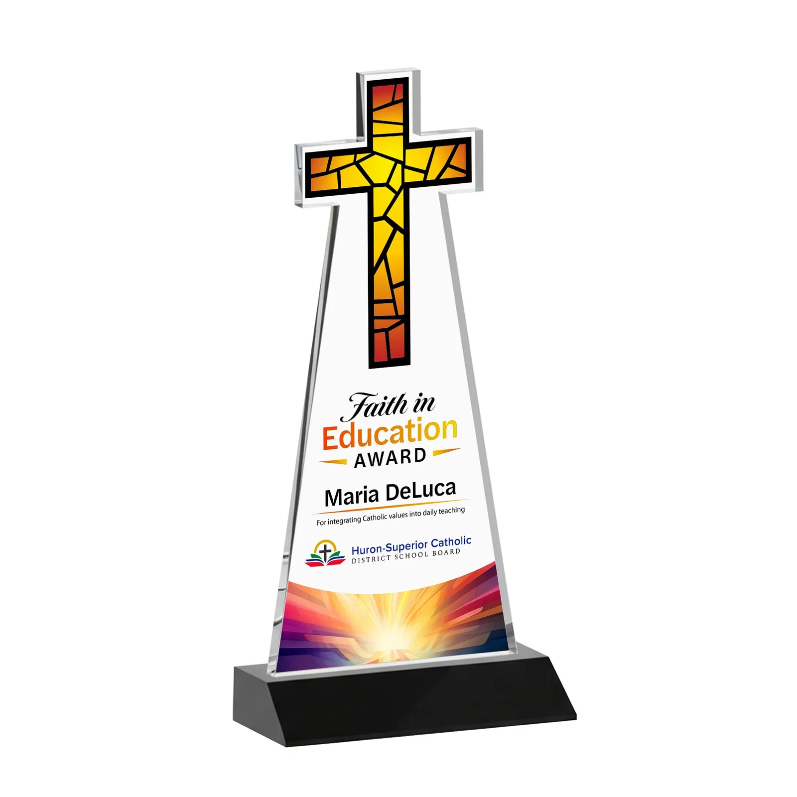 Customized Starfire Crystal Cut-Out Cross Award on Front-Mitered Base for sales achievement awards