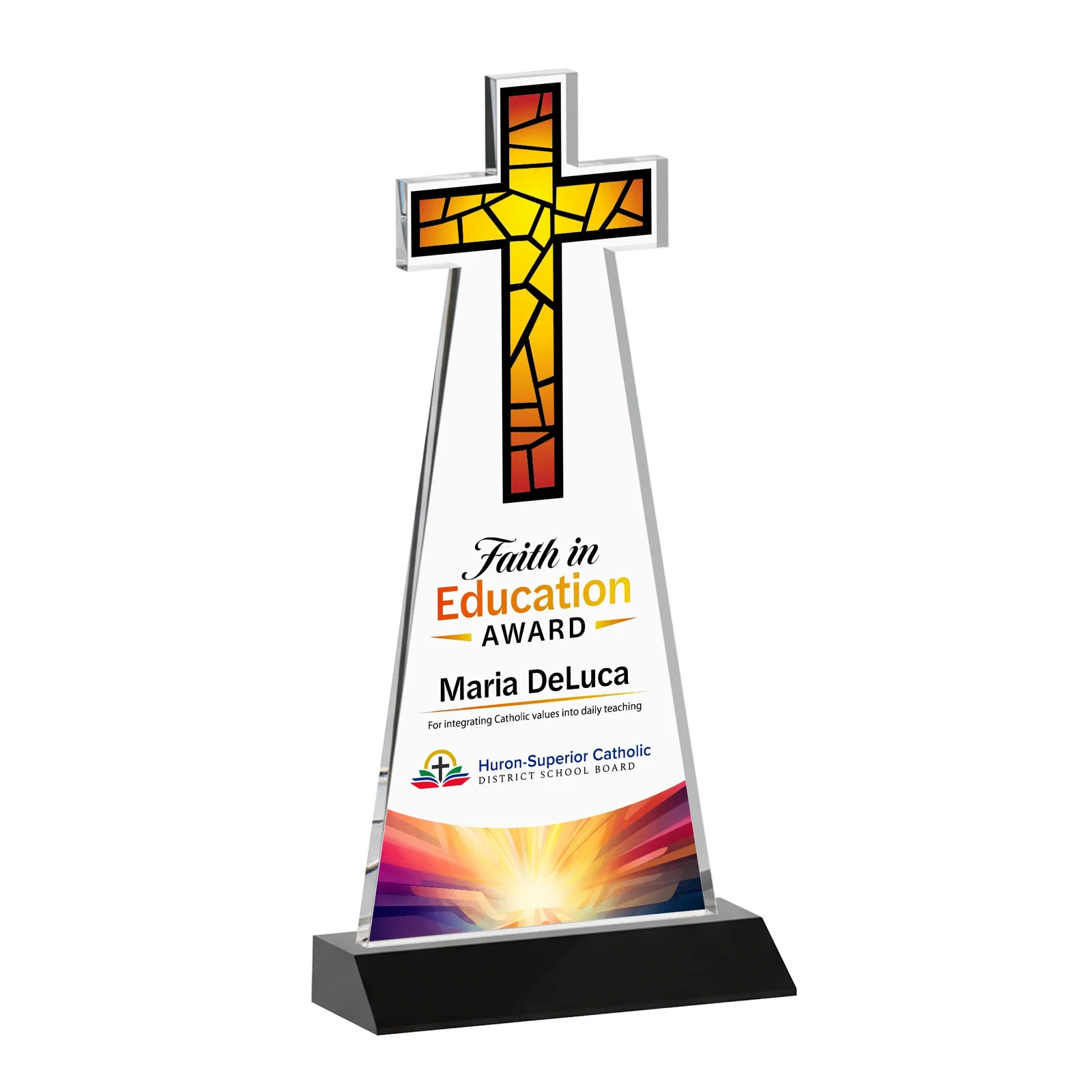Customized Starfire Crystal Cut-Out Cross Award on Front-Mitered Base for retirement presentations