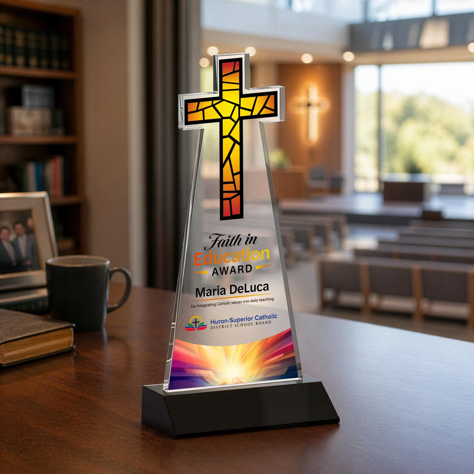 Customized Starfire Crystal Cut-Out Cross Award on Front-Mitered Base for team milestone celebrations