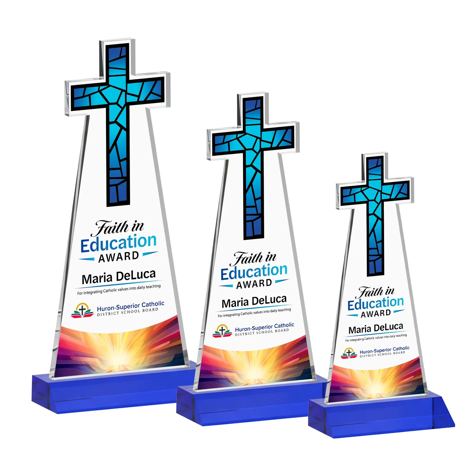 Customized Starfire Crystal Cut-Out Cross Award on Front-Mitered Base for donor appreciation