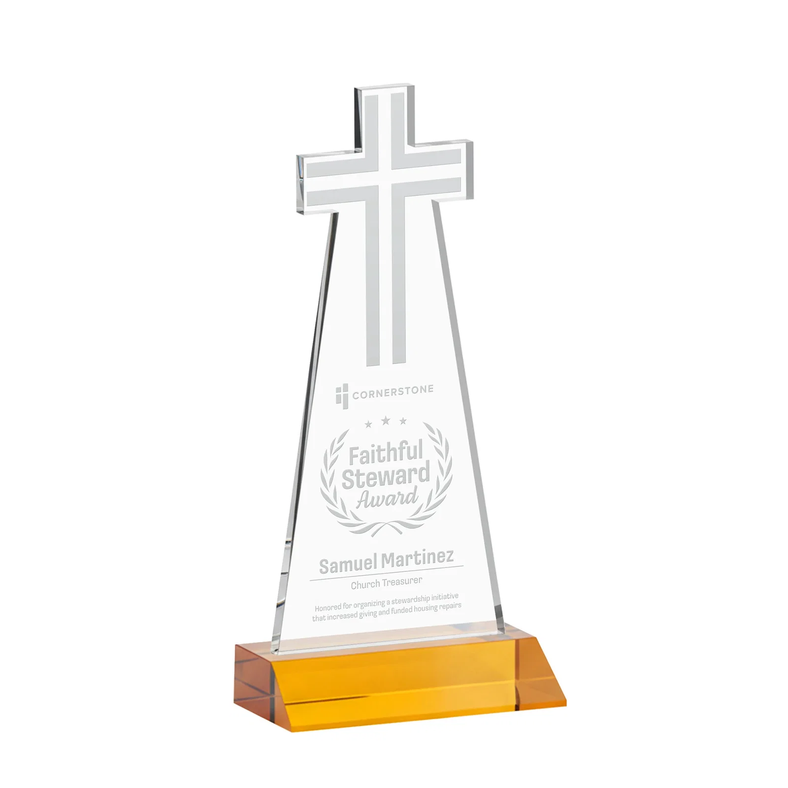 Custom Starfire Crystal Cut-Out Cross Award on Front-Mitered Base for graduation ceremonies