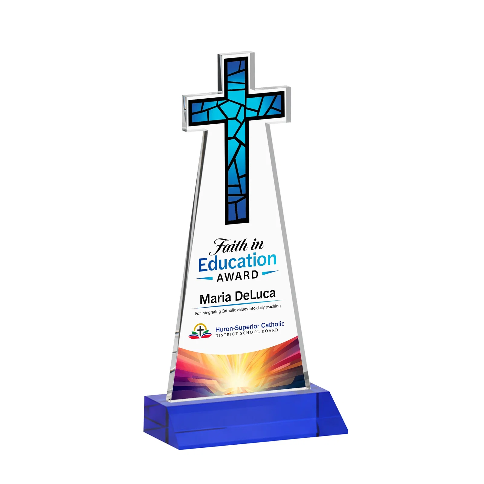 Customized Starfire Crystal Cut-Out Cross Award on Front-Mitered Base for graduation ceremonies