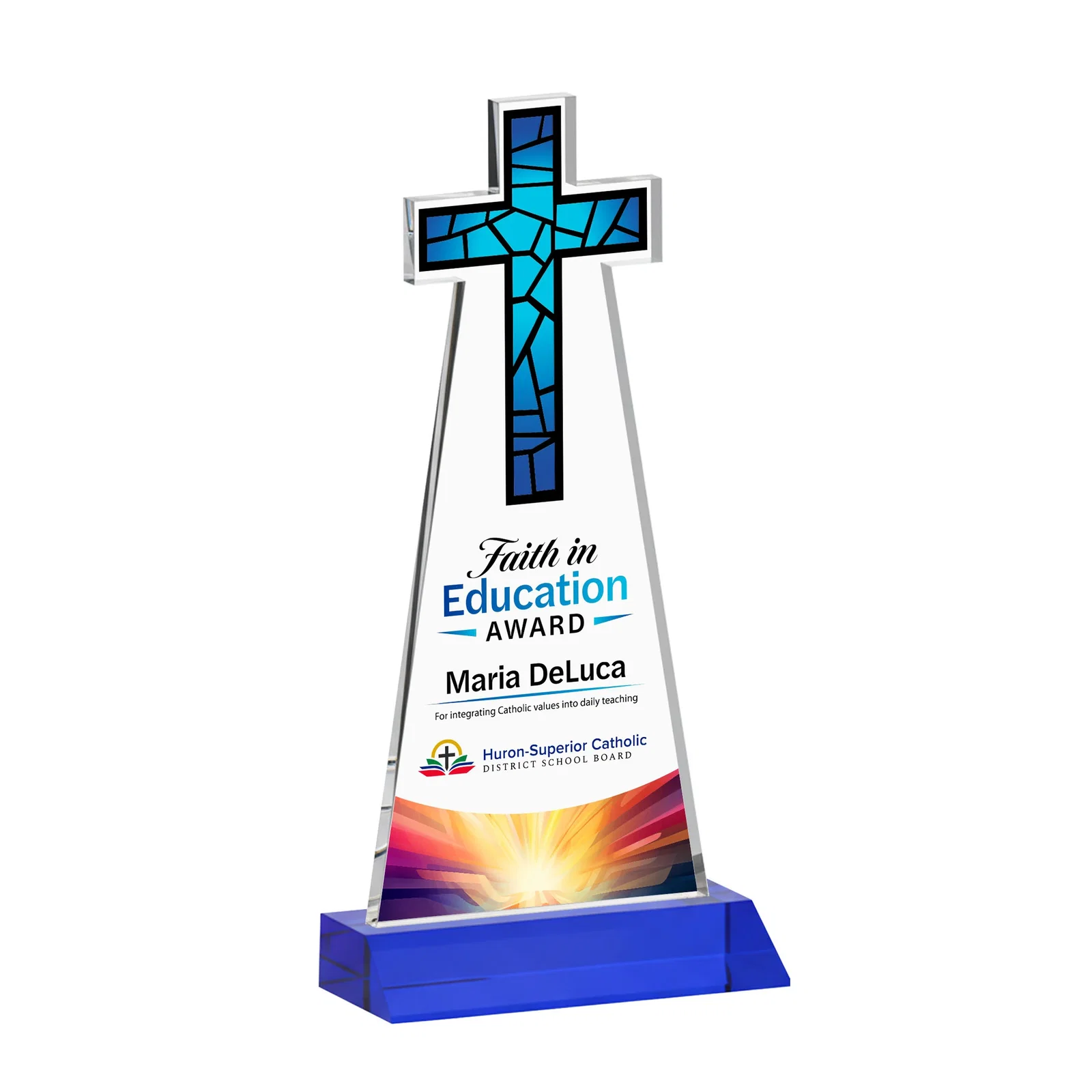 Customized Starfire Crystal Cut-Out Cross Award on Front-Mitered Base for safety achievement programs