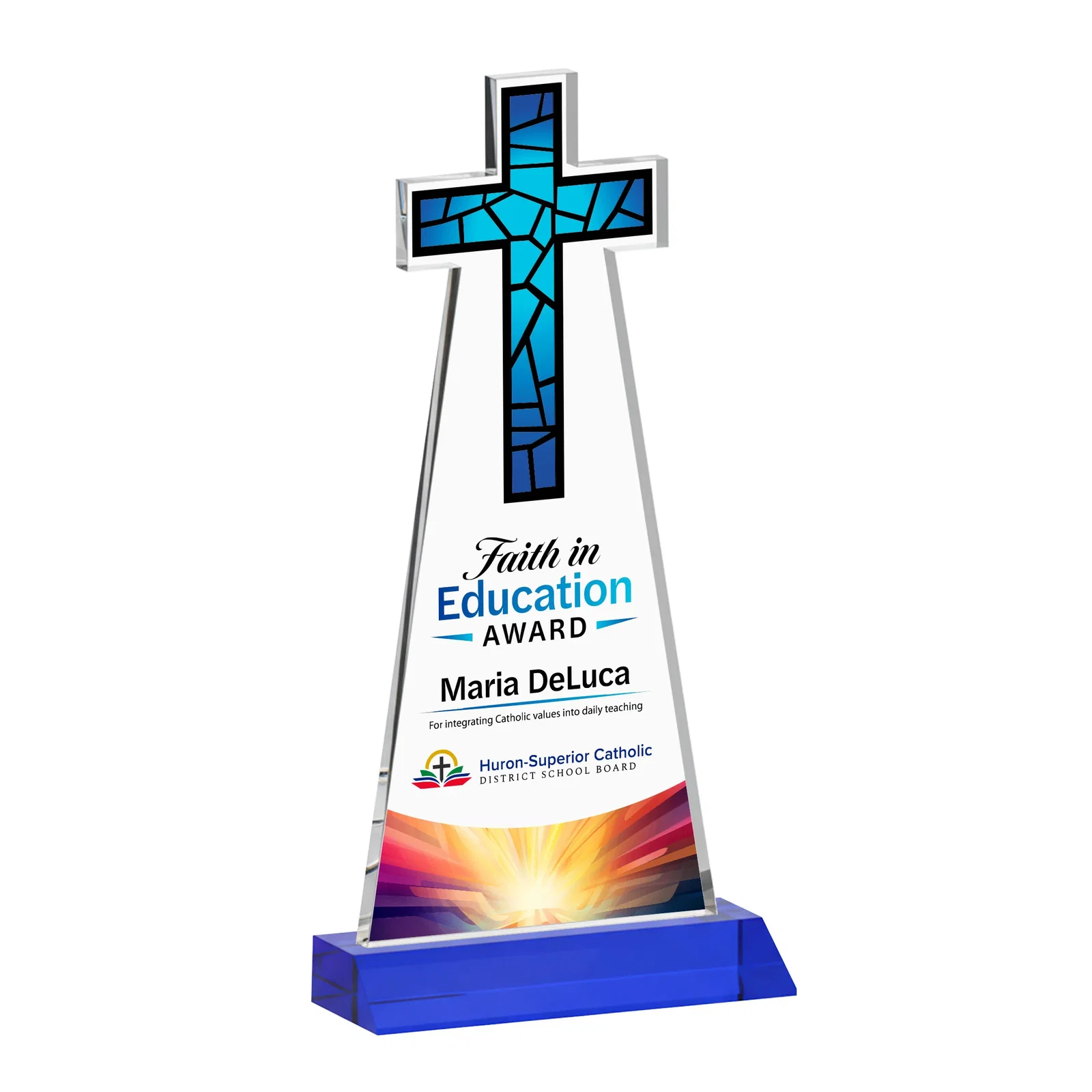Customized Starfire Crystal Cut-Out Cross Award on Front-Mitered Base for volunteer appreciation