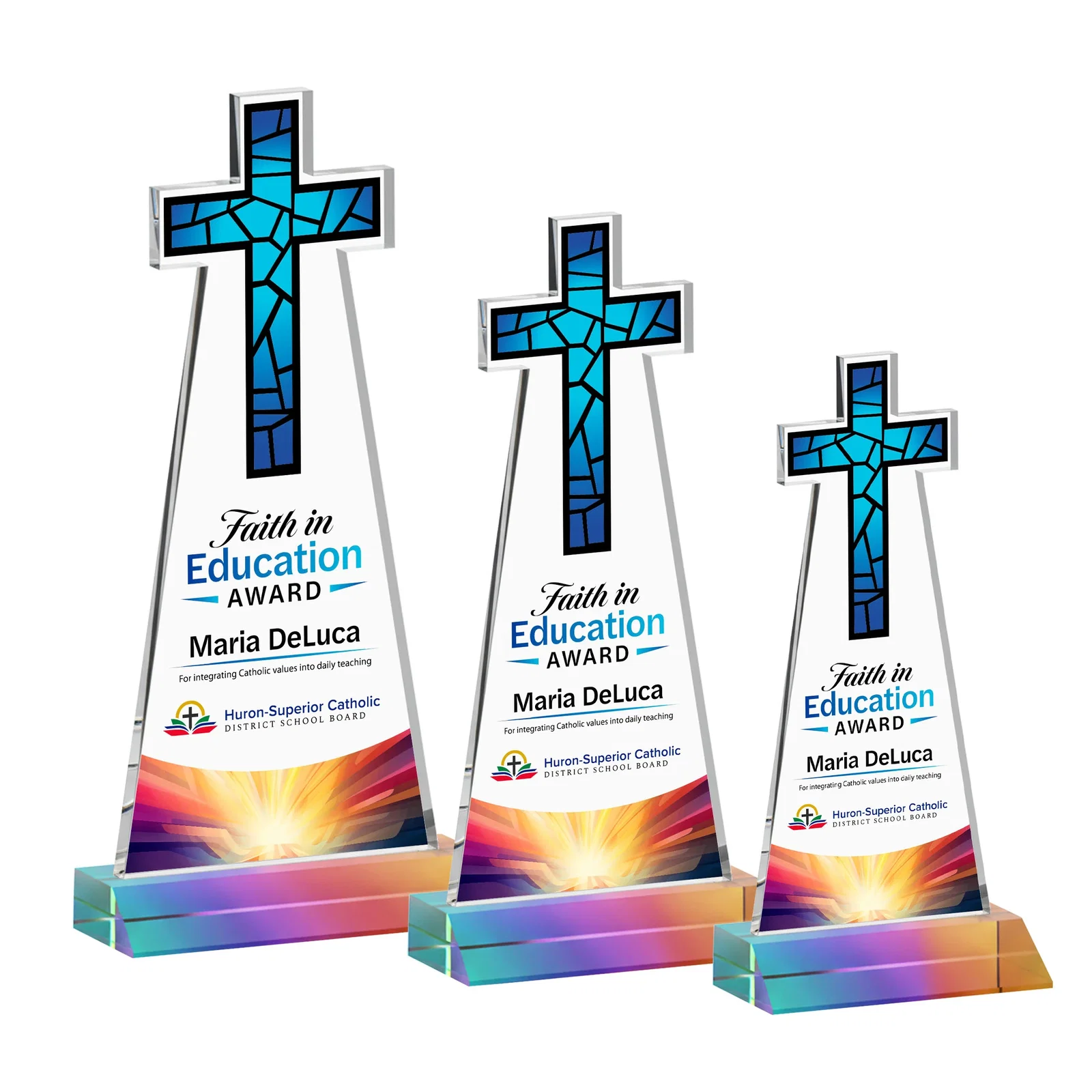Customized Starfire Crystal Cut-Out Cross Award on Front-Mitered Base for company anniversary events