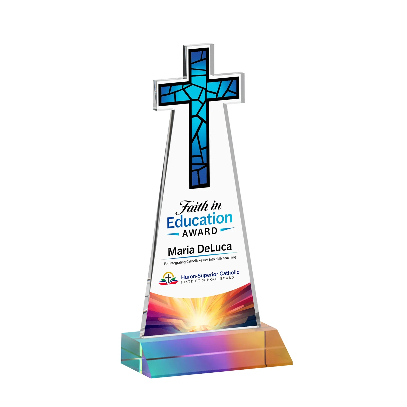 Custom engraved Starfire Crystal Cut-Out Cross Award on Front-Mitered Base for employee recognition