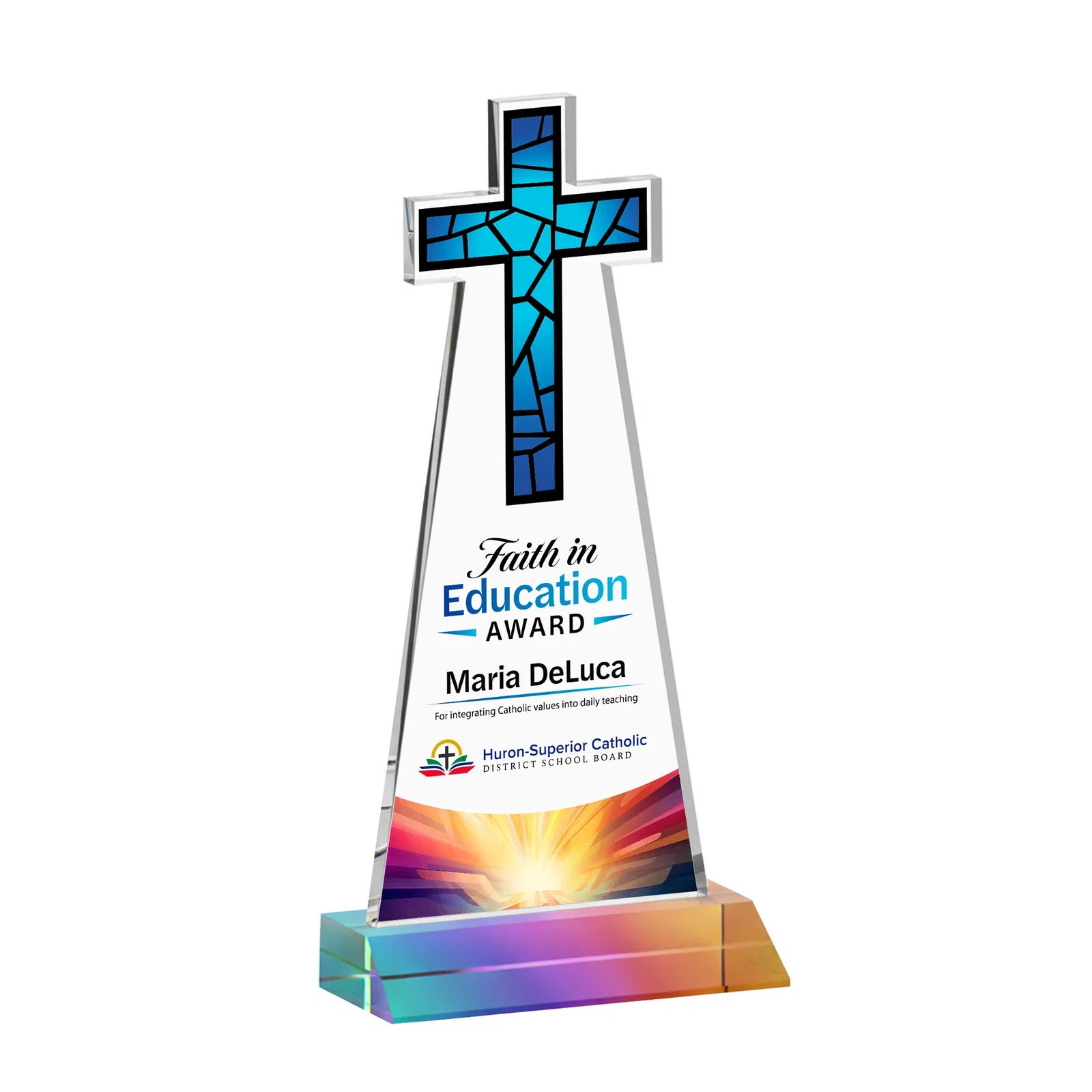 Custom engraved Starfire Crystal Cut-Out Cross Award on Front-Mitered Base for corporate award ceremonies