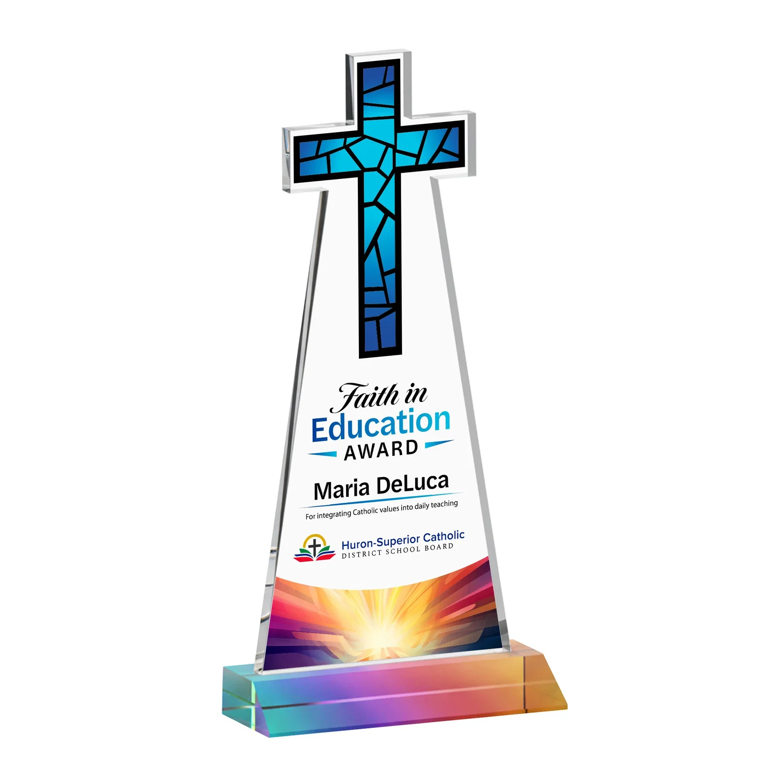 Custom engraved Starfire Crystal Cut-Out Cross Award on Front-Mitered Base for service anniversary gifts