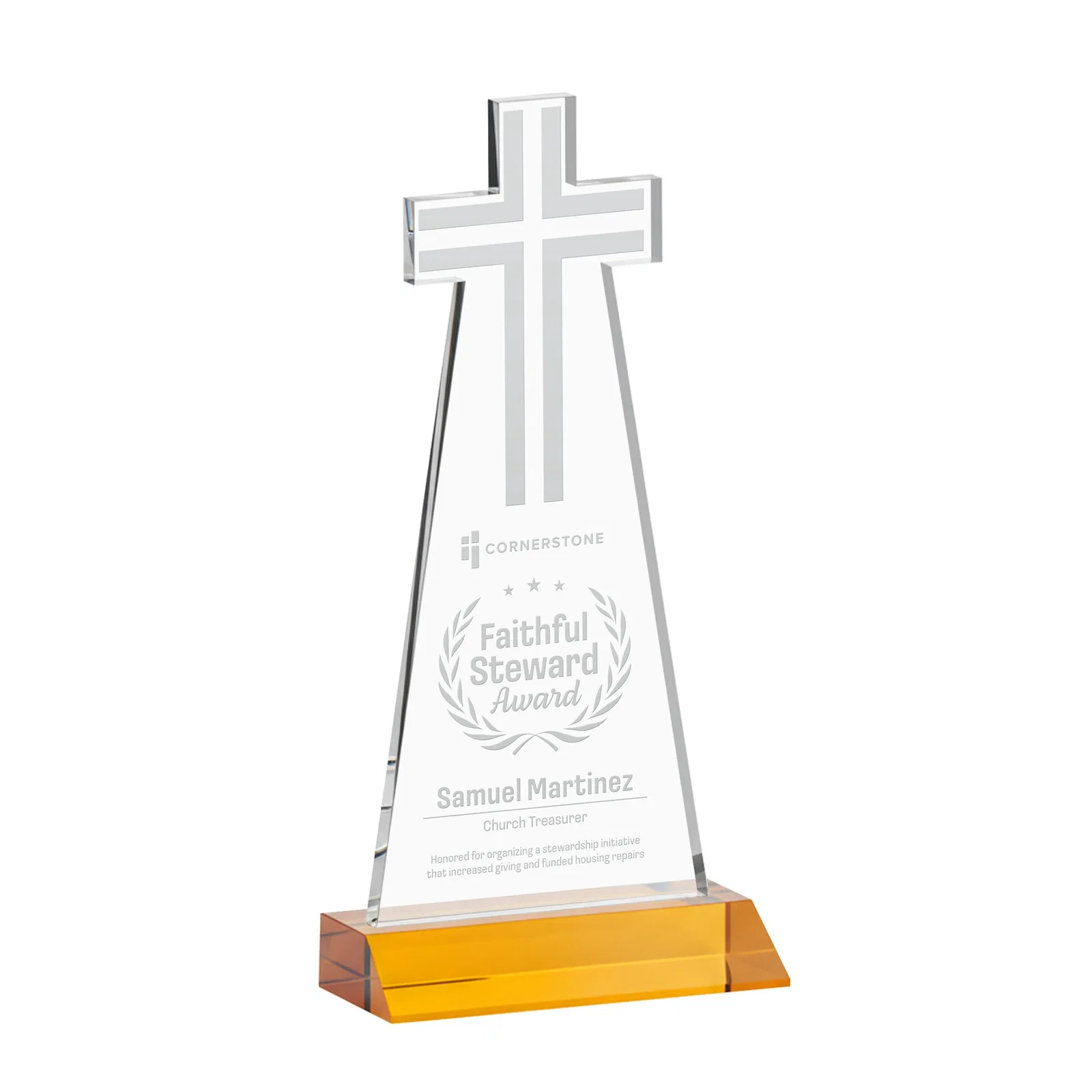 Custom Starfire Crystal Cut-Out Cross Award on Front-Mitered Base for safety achievement programs