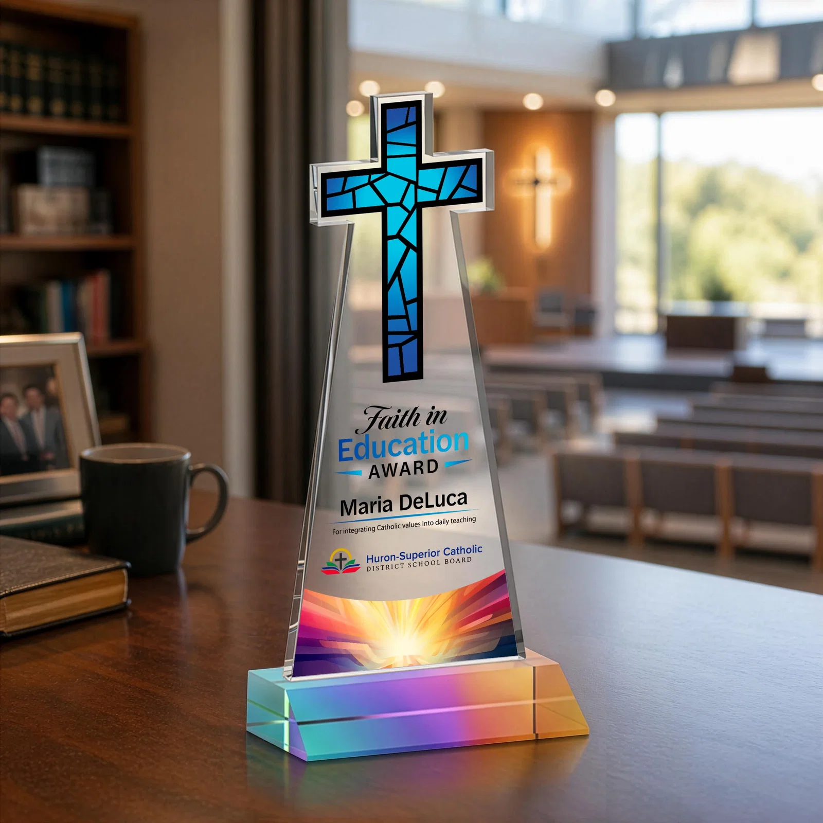 Custom engraved Starfire Crystal Cut-Out Cross Award on Front-Mitered Base for sales achievement awards