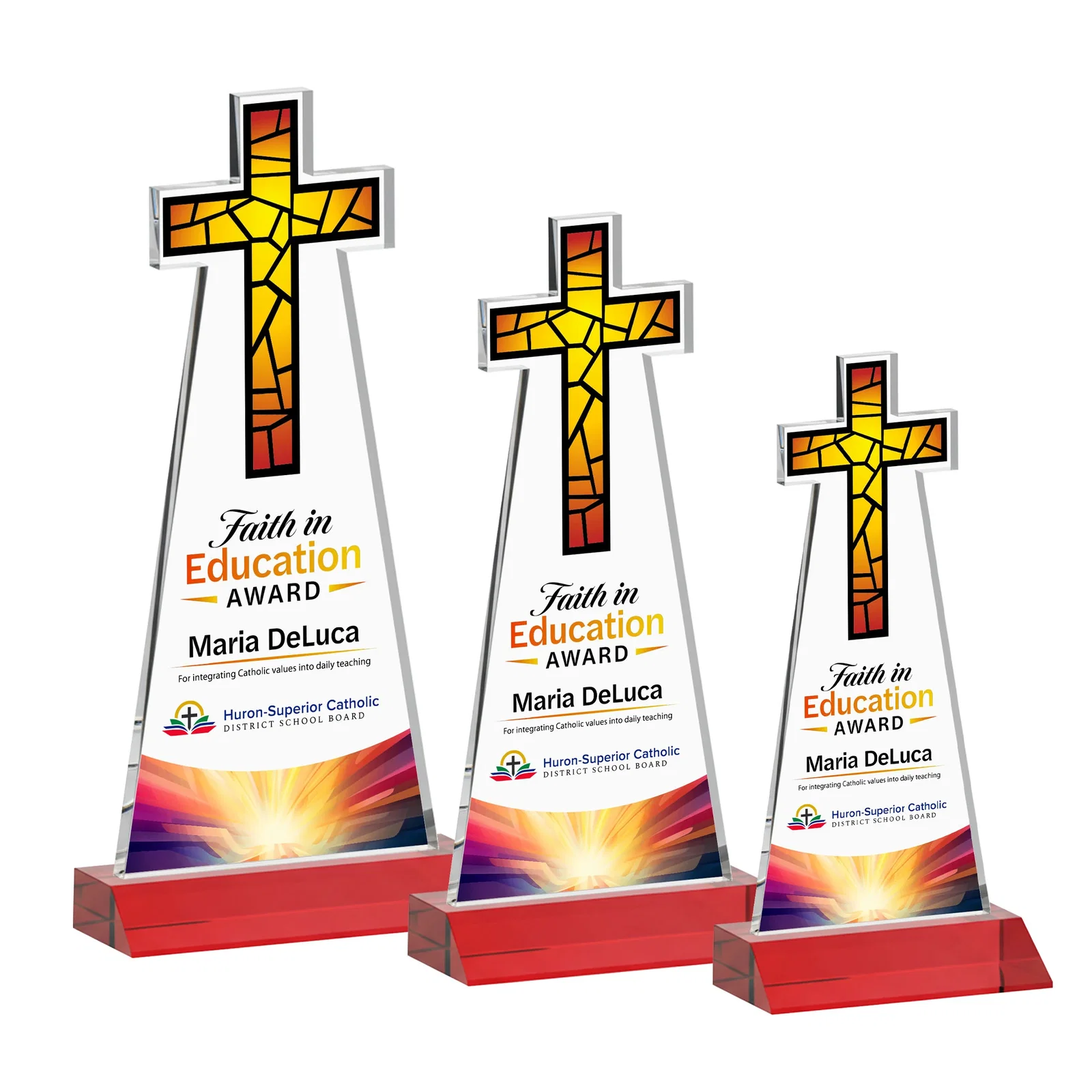 Custom engraved Starfire Crystal Cut-Out Cross Award on Front-Mitered Base for retirement presentations