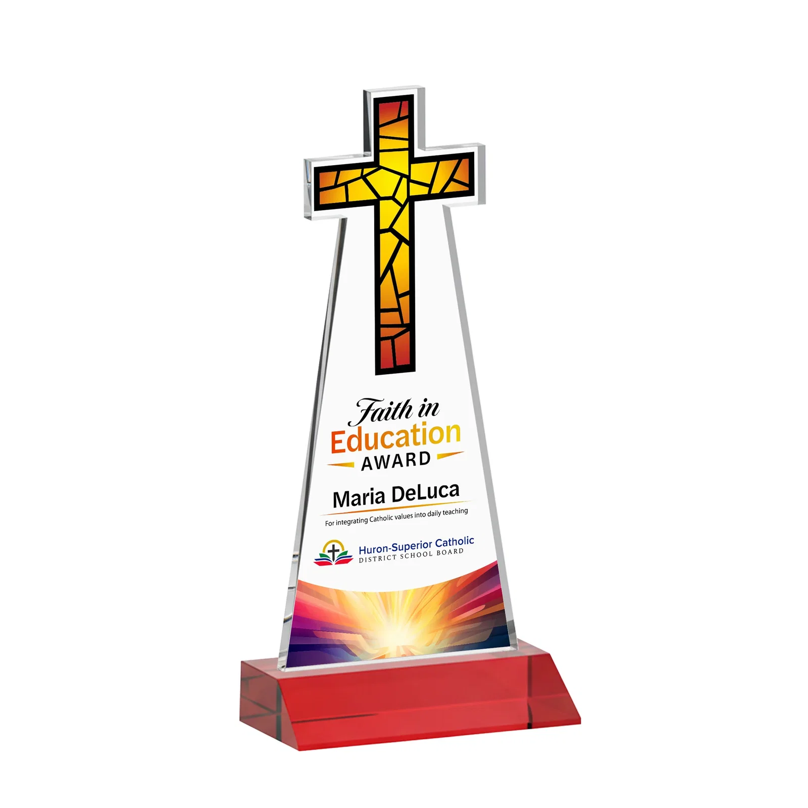 Custom engraved Starfire Crystal Cut-Out Cross Award on Front-Mitered Base for team milestone celebrations