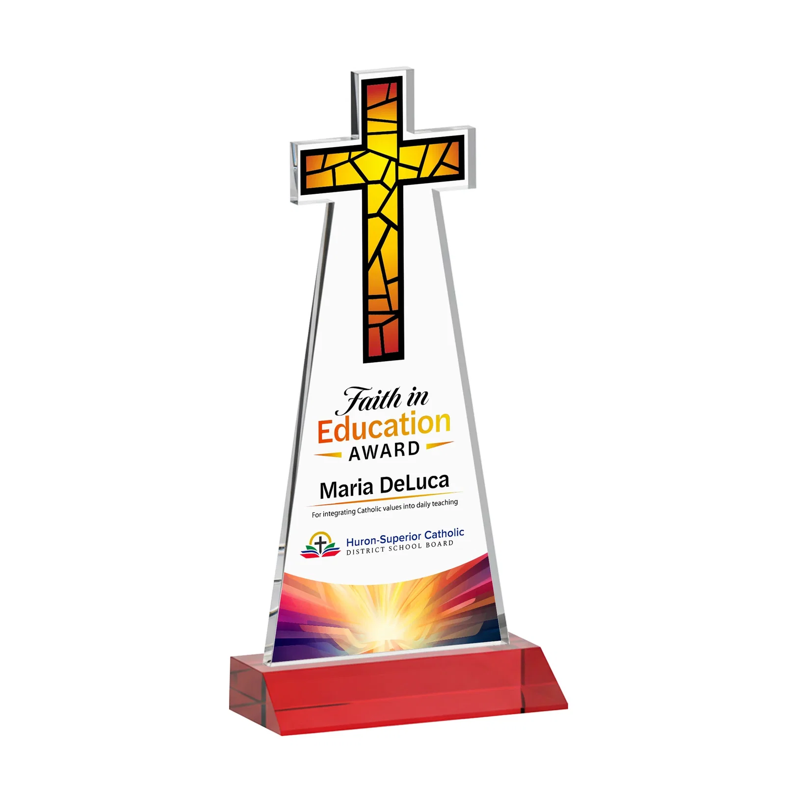 Custom engraved Starfire Crystal Cut-Out Cross Award on Front-Mitered Base for donor appreciation