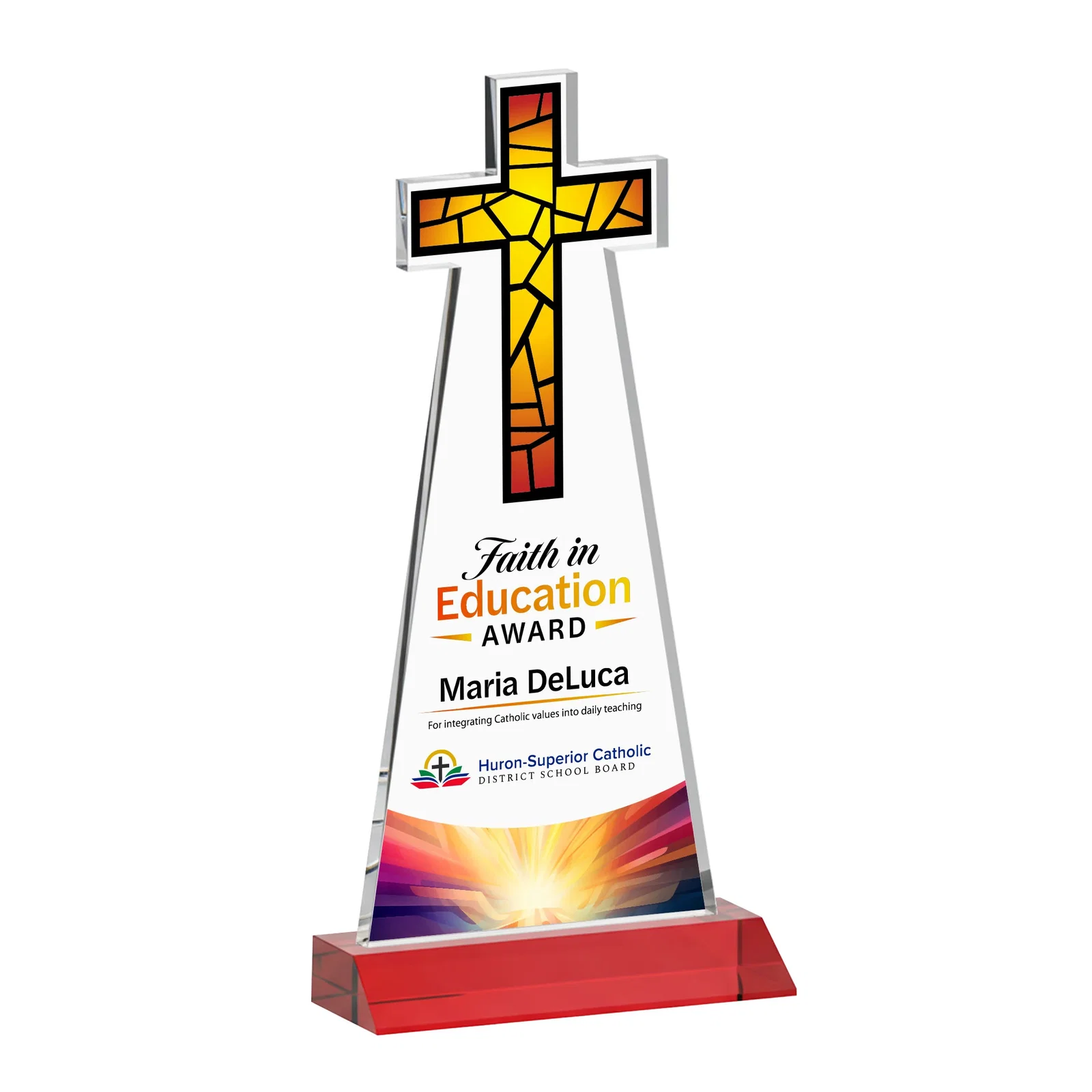 Custom engraved Starfire Crystal Cut-Out Cross Award on Front-Mitered Base for graduation ceremonies