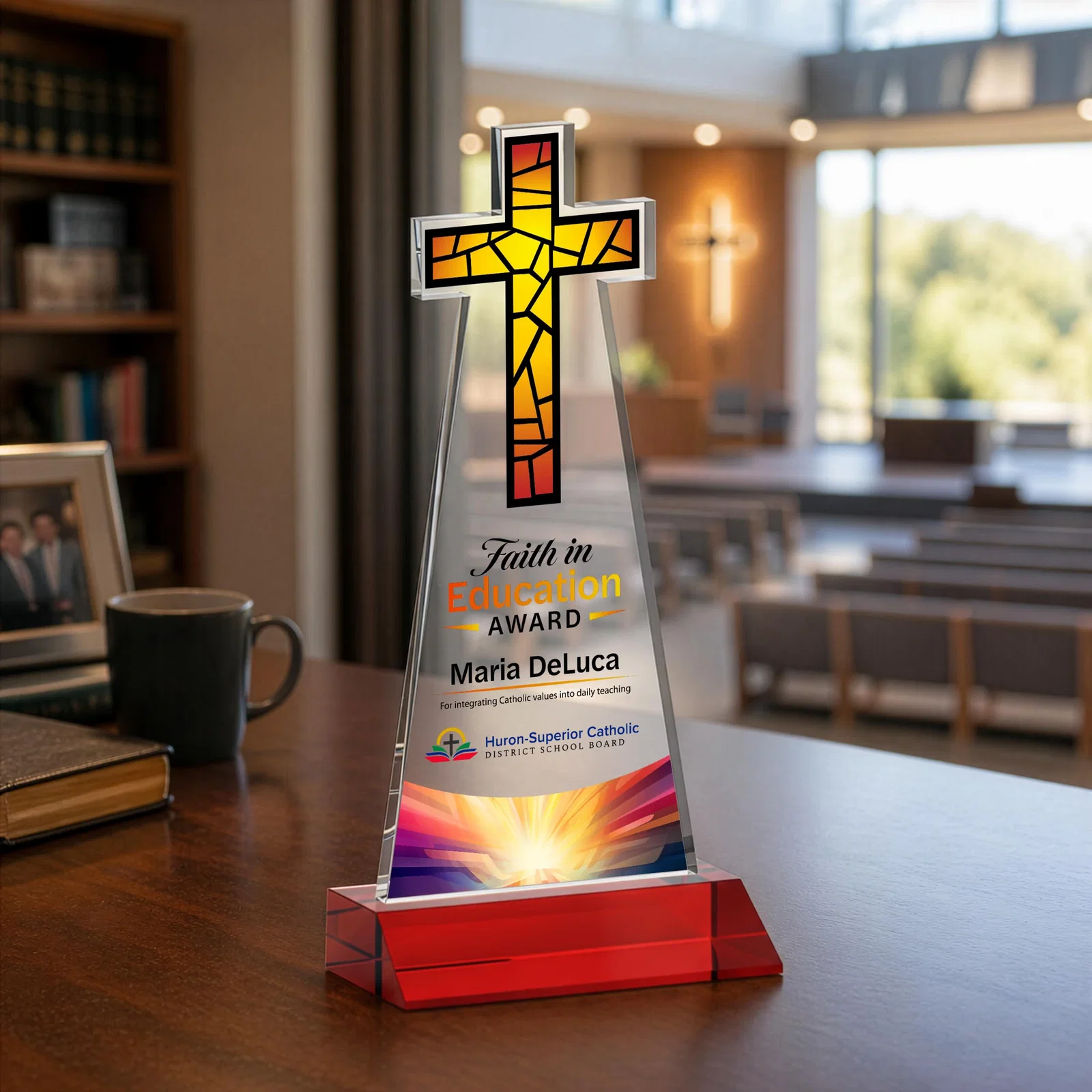 Custom engraved Starfire Crystal Cut-Out Cross Award on Front-Mitered Base for safety achievement programs