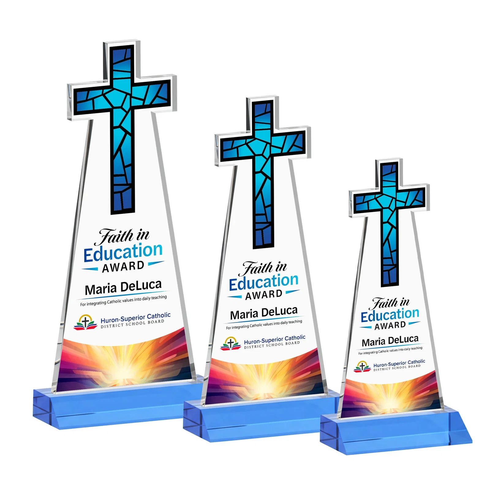 Custom engraved Starfire Crystal Cut-Out Cross Award on Front-Mitered Base for volunteer appreciation