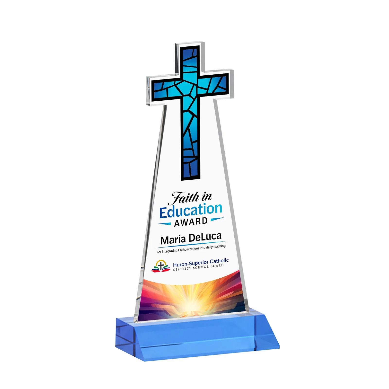 Custom engraved Starfire Crystal Cut-Out Cross Award on Front-Mitered Base for dealer and partner awards