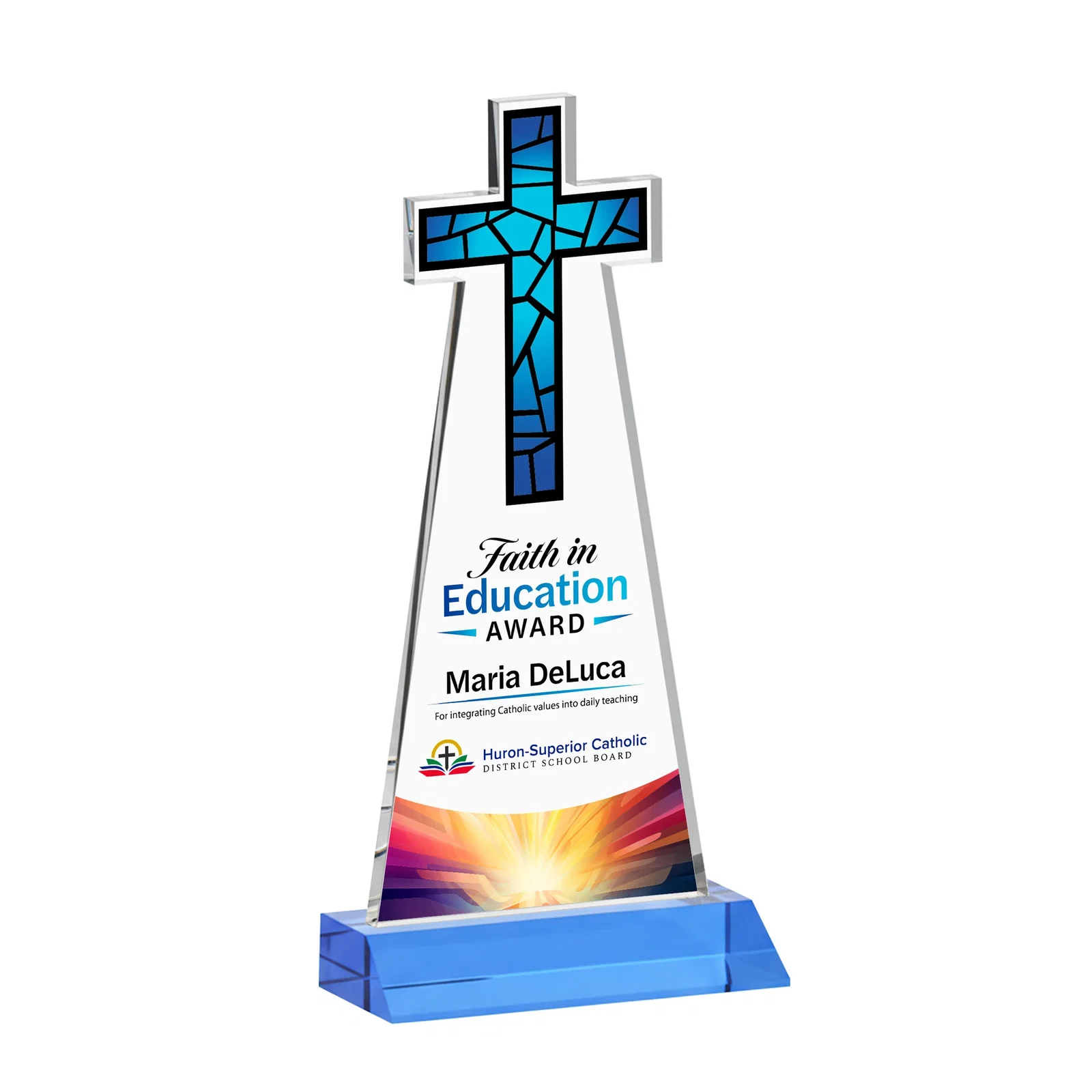 Custom engraved Starfire Crystal Cut-Out Cross Award on Front-Mitered Base for company anniversary events