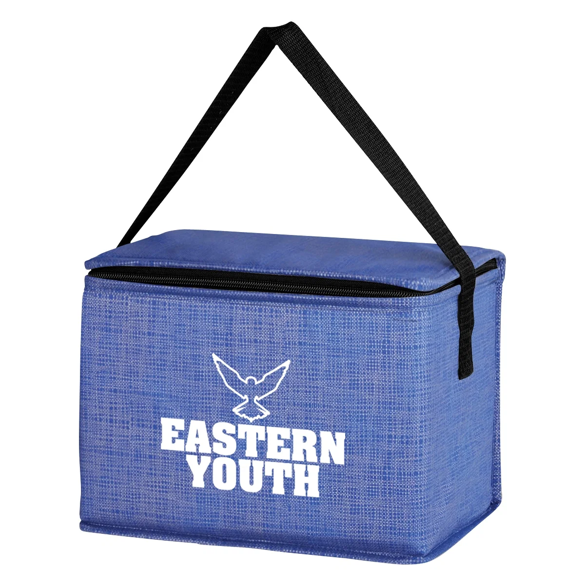 Blue crosshatch lunch tote with a zippered top