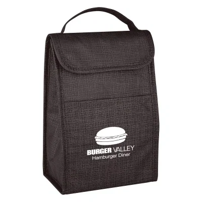 Insulated lunch bag in blue with a crosshatch texture