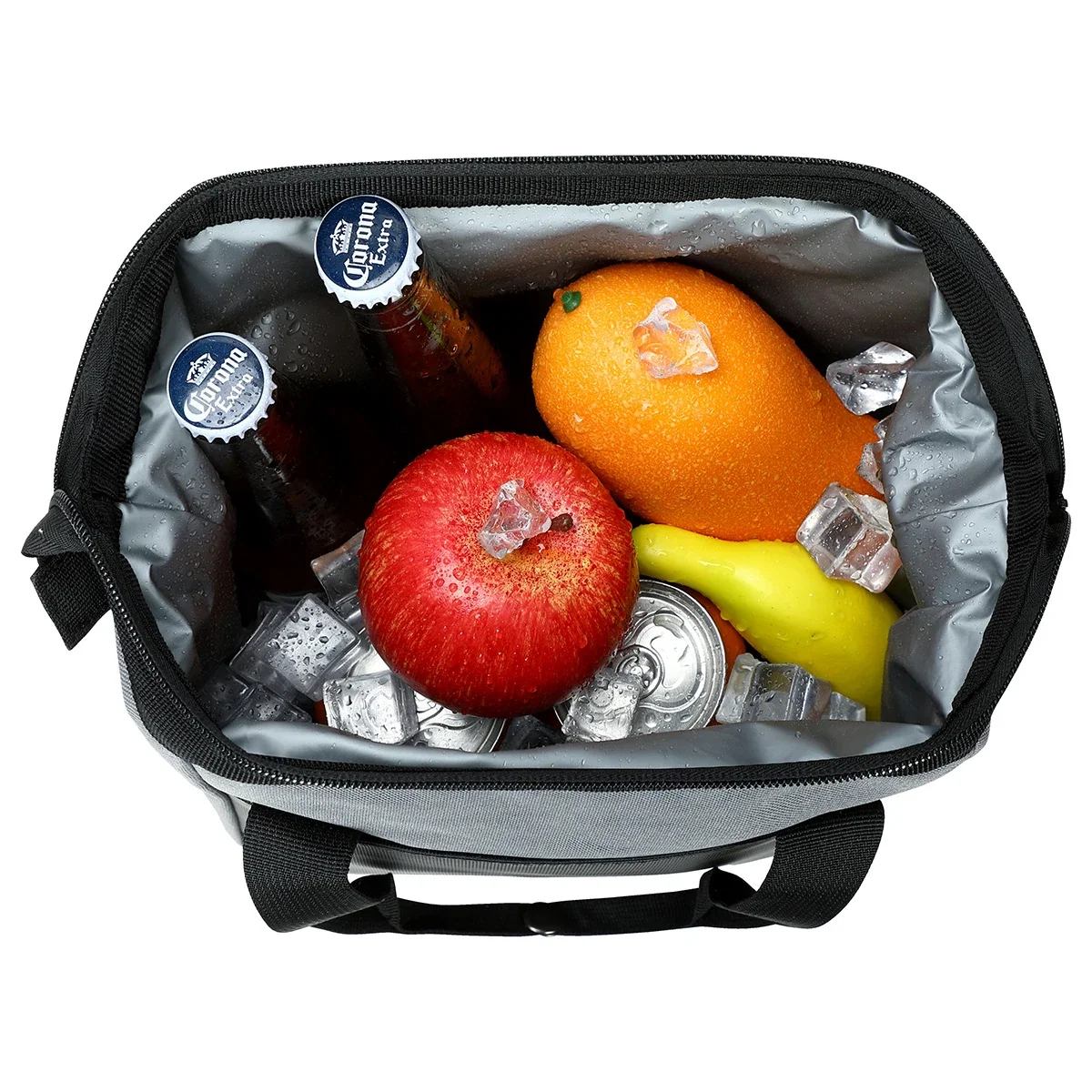 Close-up of the Crossroads 12-Can RPET Cooler Bag's zipper and imprint area