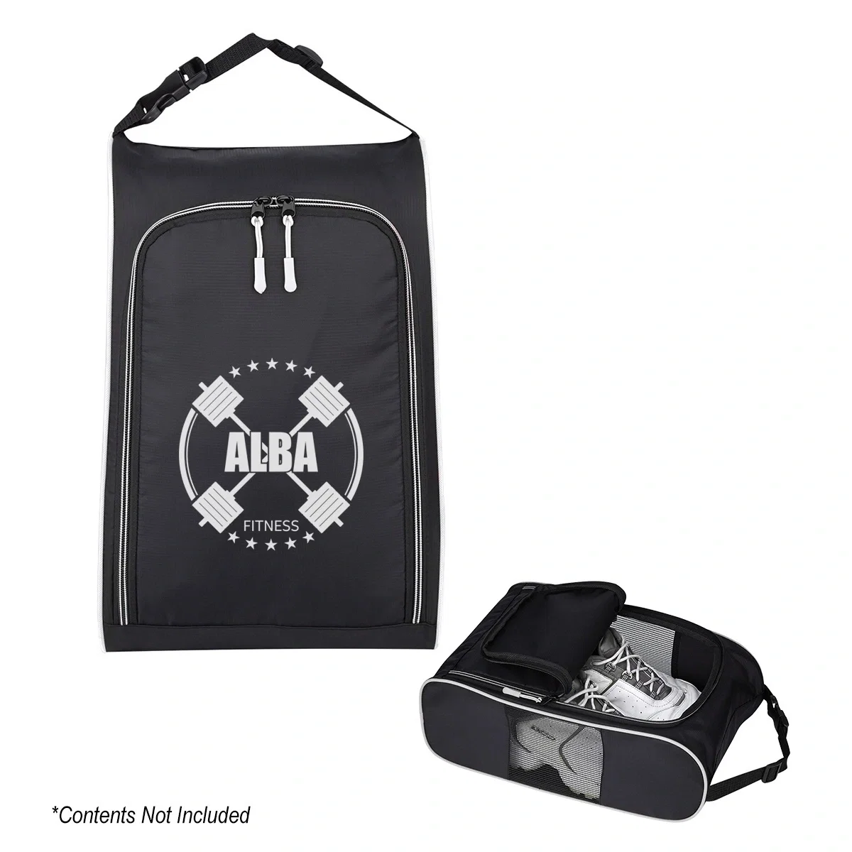 Black shoe bag with white trim and side mesh panels