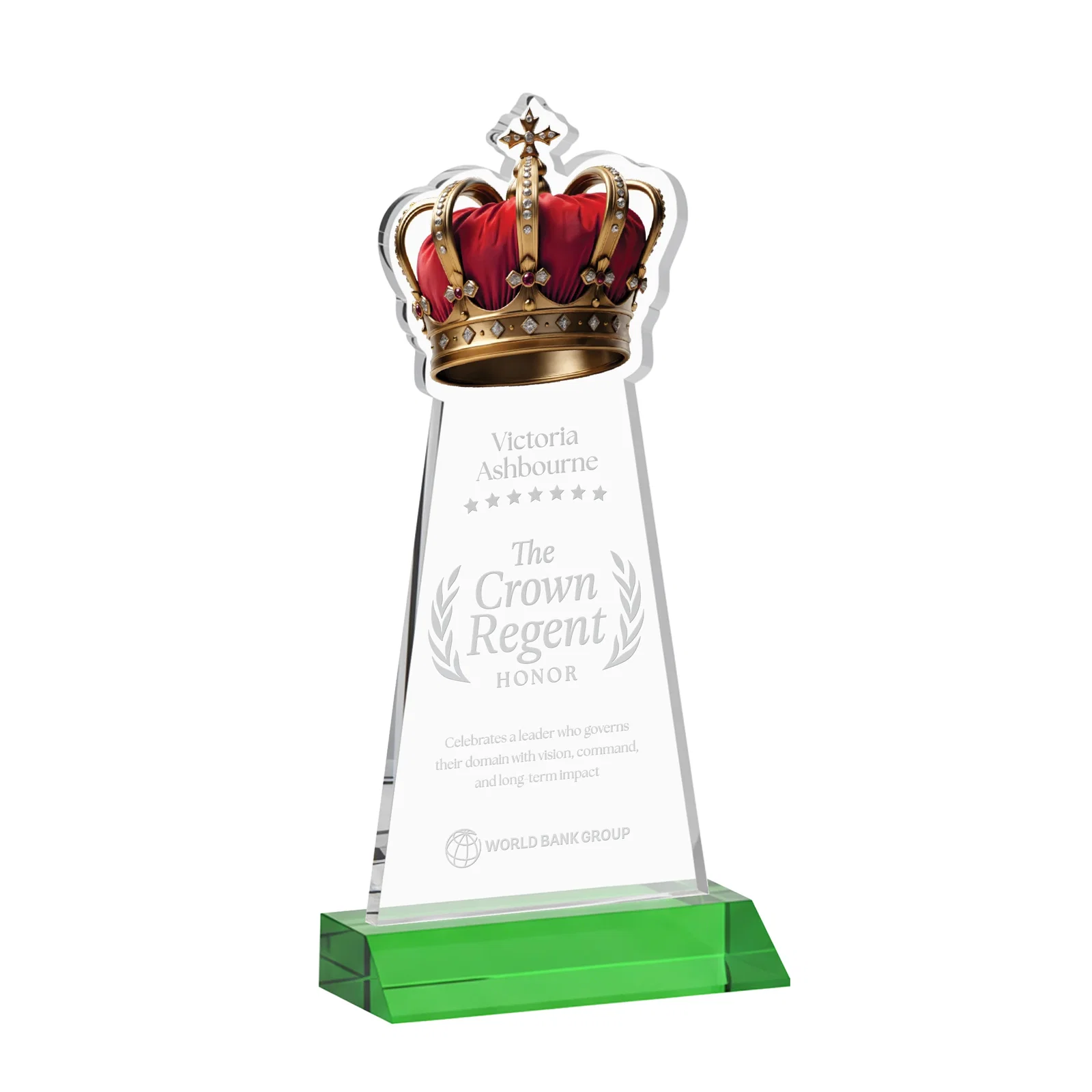 Custom Starfire Crystal Crown Award on Front-Mitered Base, awards for company anniversary events