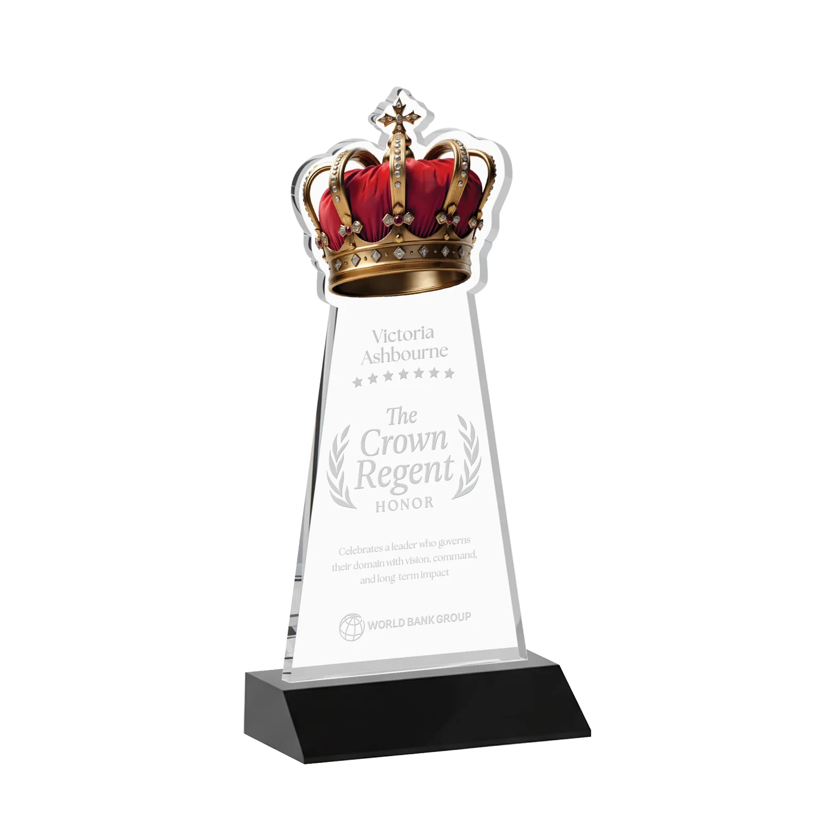 Personalized Starfire Crystal Crown Award on Front-Mitered Base, awards for service anniversary gifts