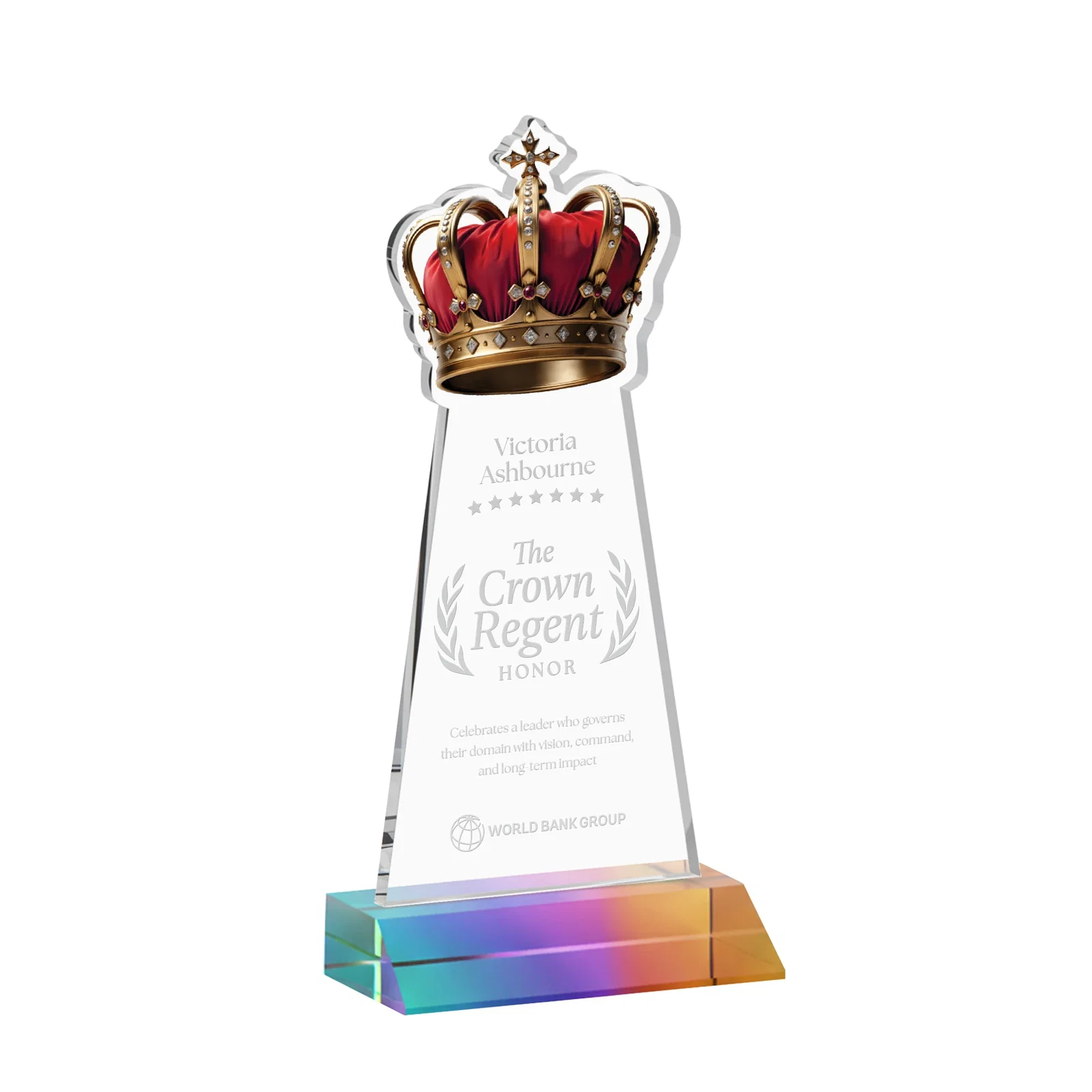 Personalized Starfire Crystal Crown Award on Front-Mitered Base, awards for dealer and partner awards