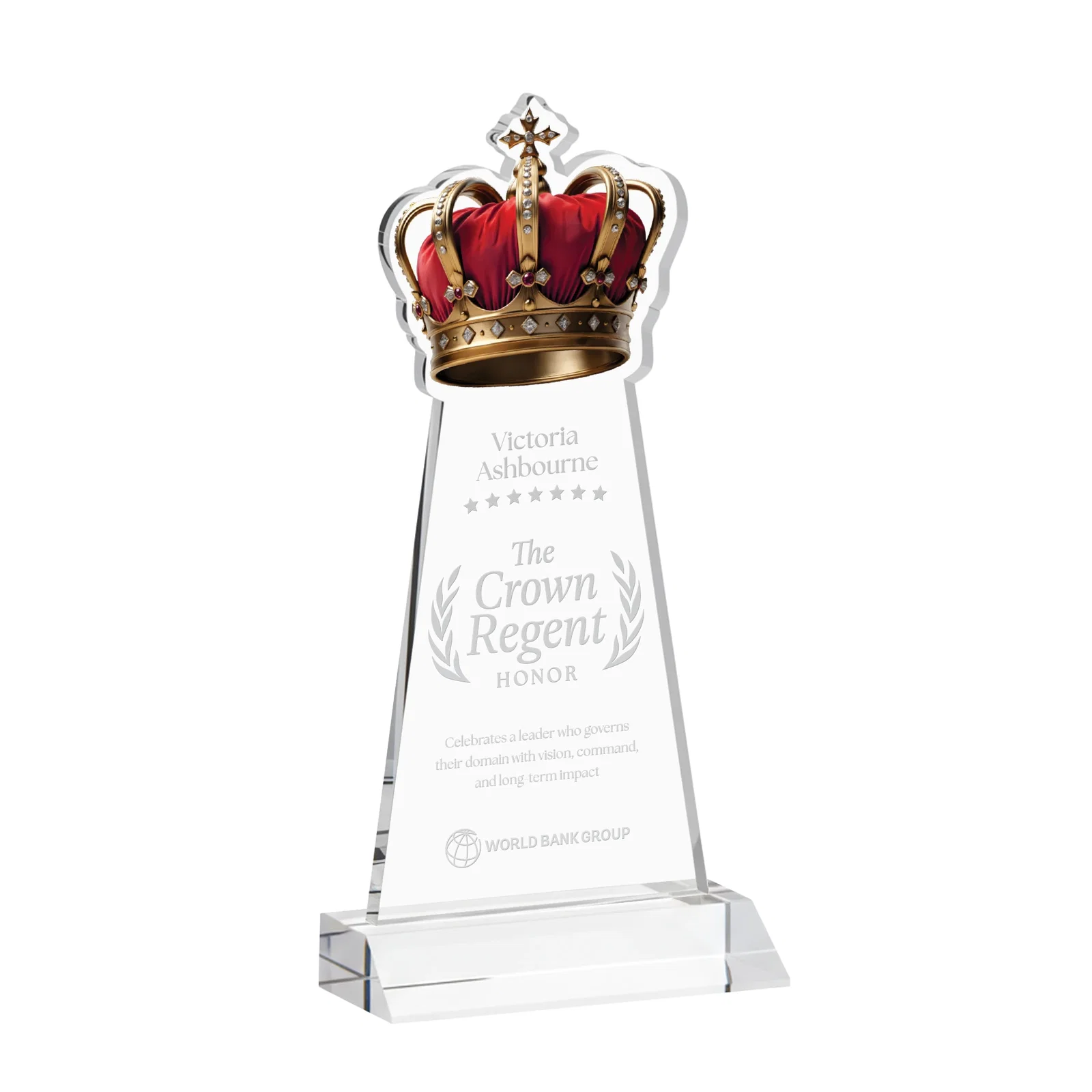 Custom Starfire Crystal Crown Award on Front-Mitered Base, awards for service anniversary gifts